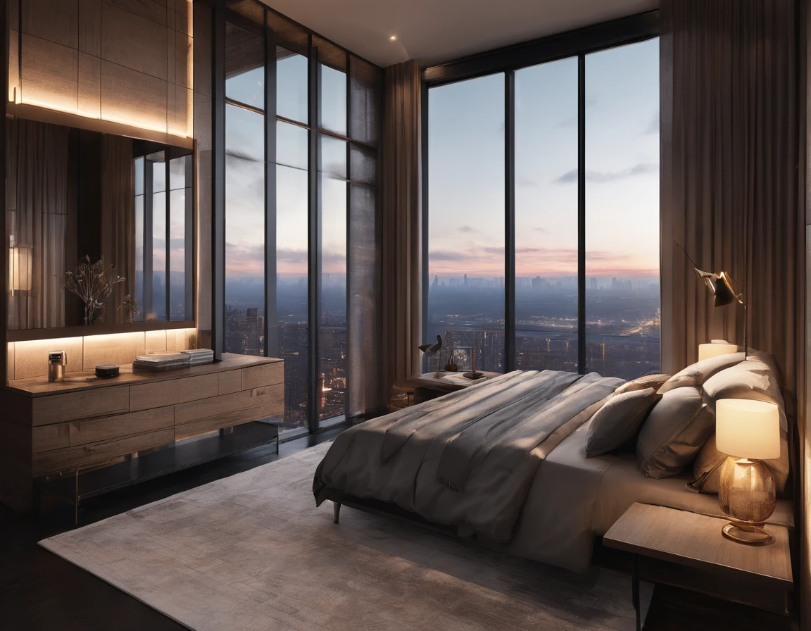 Visualize an exquisitely detailed modern bedroom with a dark-themed aesthetic. Envision sleek furniture, matte textures, and ambient lighting casting atmospheric shadows. Pay attention to minute details like the grain of wood, subtle reflections on surfaces, and the interplay of light and shadow.

Immerse the room in a dark color palette, utilizing deep tones to create a sense of sophistication and mystery. Incorporate elements like minimalist décor, abstract art, or subtle patterns on furnishings to add complexity without overwhelming the scene.

Now, imagine the bedroom at the golden hour, with warm sunlight streaming through large, strategically placed windows. The view from these windows should be nothing short of spectacular—perhaps an urban skyline, serene landscape, or a combination of both. Capture the warm hues of the golden hour bathing the room in a soft, ethereal glow, creating a captivating contrast with the dark interior.

Consider the details outside the windows: distant city lights, the sun setting on the horizon, or natural elements that add depth to the view. Highlight the transitional moment of the golden hour, where the interplay of light and dark creates a unique and enchanting atmosphere within the room.

This prompt aims to inspire a highly detailed depiction of a dark-themed modern bedroom with a spectacular view during the golden hour, blending sophistication, mystery, and the warmth of natural light.