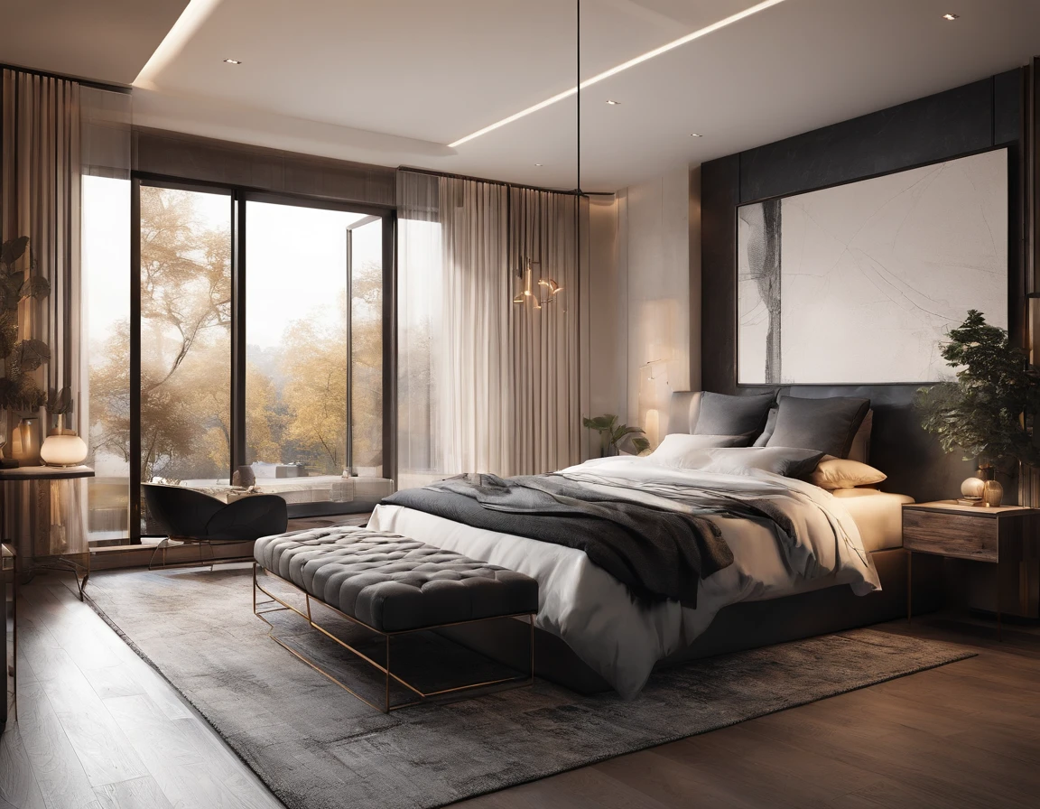 Visualize an exquisitely detailed modern bedroom with a dark-themed aesthetic. Envision sleek furniture, matte textures, and ambient lighting casting atmospheric shadows. Pay attention to minute details like the grain of wood, subtle reflections on surfaces, and the interplay of light and shadow.
Immerse the room in a dark color palette, utilizing deep tones to create a sense of sophistication and mystery. Incorporate elements like minimalist décor, abstract art, or subtle patterns on furnishings to add complexity without overwhelming the scene.
Now, imagine the bedroom at the golden hour, with warm sunlight streaming through large, strategically placed windows. The view from these windows should be nothing short of spectacular—perhaps an urban skyline, serene landscape, or a combination of both. Capture the warm hues of the golden hour bathing the room in a soft, ethereal glow, creating a captivating contrast with the dark interior.
Consider the details outside the windows: distant city lights, the sun setting on the horizon, or natural elements that add depth to the view. Highlight the transitional moment of the golden hour, where the interplay of light and dark creates a unique and enchanting atmosphere within the room.
This prompt aims to inspire a highly detailed depiction of a dark-themed modern bedroom with a spectacular view during the golden hour, blending sophistication, mystery, and the warmth of natural light.