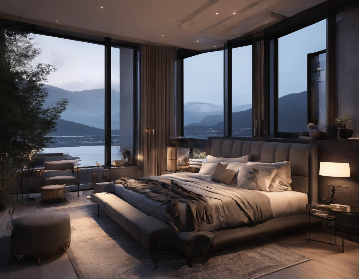 Visualize an exquisitely detailed modern bedroom with a dark-themed aesthetic. Envision sleek furniture, matte textures, and ambient lighting casting atmospheric shadows. Pay attention to minute details like the grain of wood, subtle reflections on surfaces, and the interplay of light and shadow.
Immerse the room in a dark color palette, utilizing deep tones to create a sense of sophistication and mystery. Incorporate elements like minimalist décor, abstract art, or subtle patterns on furnishings to add complexity without overwhelming the scene.
Now, imagine the bedroom at the golden hour, with warm sunlight streaming through large, strategically placed windows. The view from these windows should be nothing short of spectacular—perhaps an urban skyline, serene landscape, or a combination of both. Capture the warm hues of the golden hour bathing the room in a soft, ethereal glow, creating a captivating contrast with the dark interior.
Consider the details outside the windows: distant city lights, the sun setting on the horizon, or natural elements that add depth to the view. Highlight the transitional moment of the golden hour, where the interplay of light and dark creates a unique and enchanting atmosphere within the room.
This prompt aims to inspire a highly detailed depiction of a dark-themed modern bedroom with a spectacular view during the golden hour, blending sophistication, mystery, and the warmth of natural light.