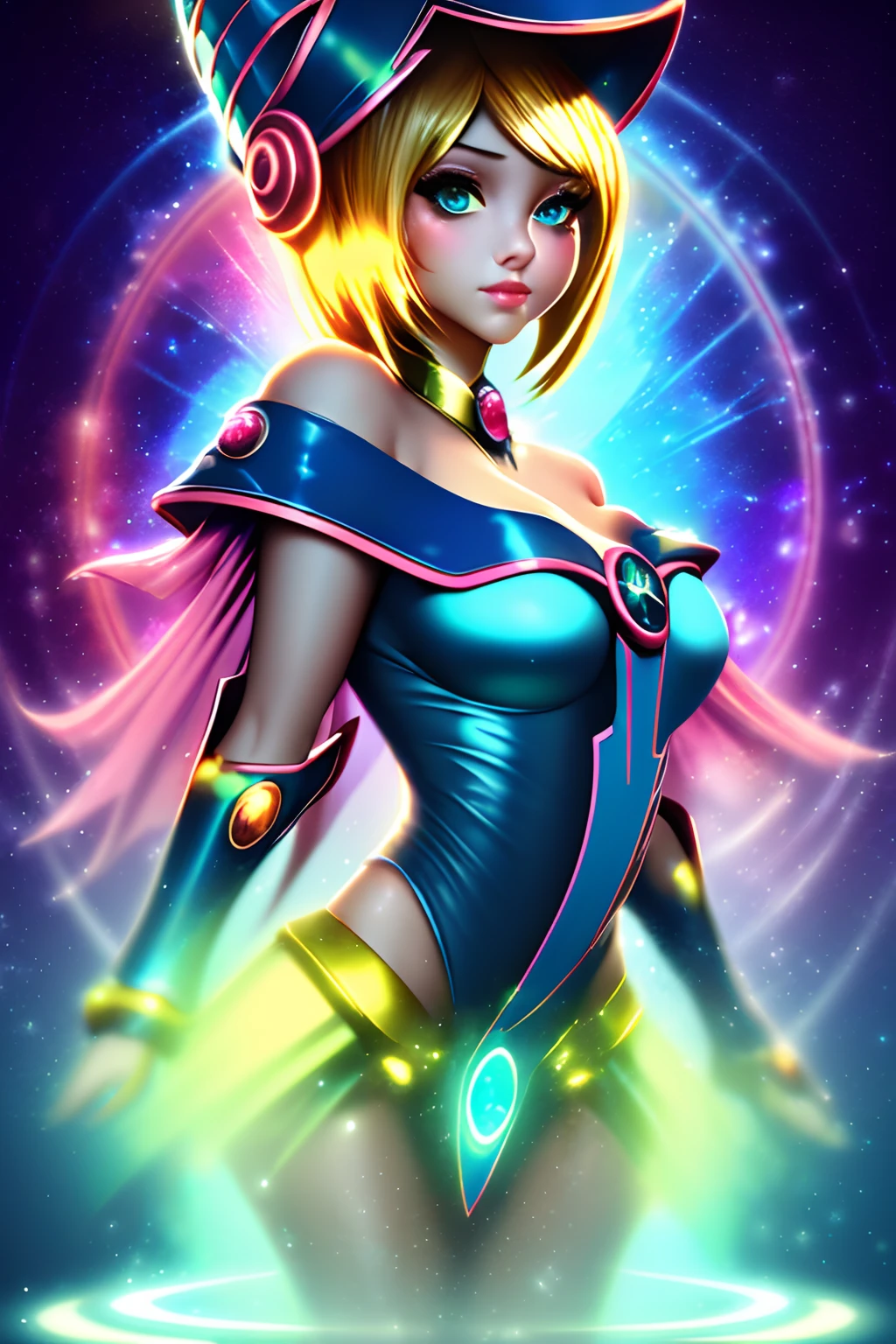 ((La mejor calidad)), ((Obra maestra)), ((realista)), retrato, dark magician gils.
1girl, celestial, Deidad, diosa, light particles, halo, Mirando al espectador,
(bioluminiscente:0.95), Vibrante, Colorido, Color, (resplandeciente, resplandecer),
(beautiful composition), cinematic lighting, intrincado, (Symmetrical:0.5), Caprichoso,