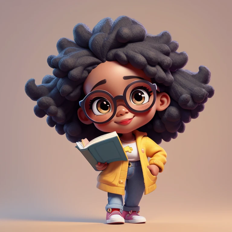 estilo chibi, jeans,  fofo, sorrir, afro Girl holding a book while wearing glasses, master part, Estilo 3dm, Olhe para o Visualizador, pele negra.