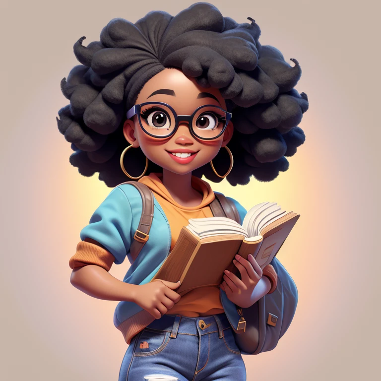 estilo chibi, jeans, fofo, sorrir, afro Girl holding a book while wearing glasses, master part, Estilo 3dm, Olhe para o Visualizador, pele negra.