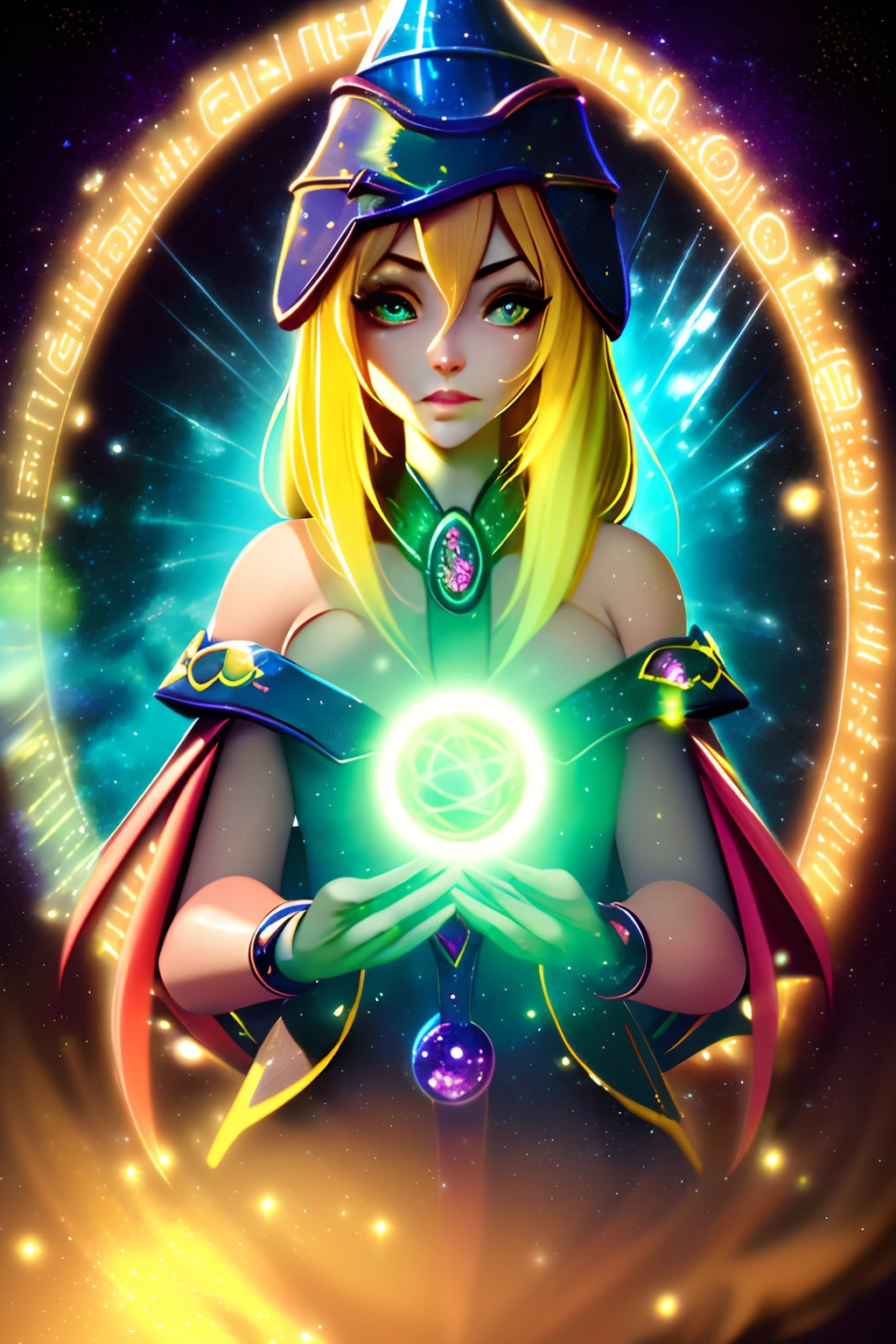 ((La mejor calidad)), ((Obra maestra)), ((realista)), retrato, dark magician gils.
1girl, celestial, Deidad, diosa, light particles, halo, Mirando al espectador,
(bioluminiscente:0.95), Vibrante, Colorido, Color, (resplandeciente, resplandecer),
(beautiful composition), cinematic lighting, intrincado, (Symmetrical:0.5), Caprichoso,