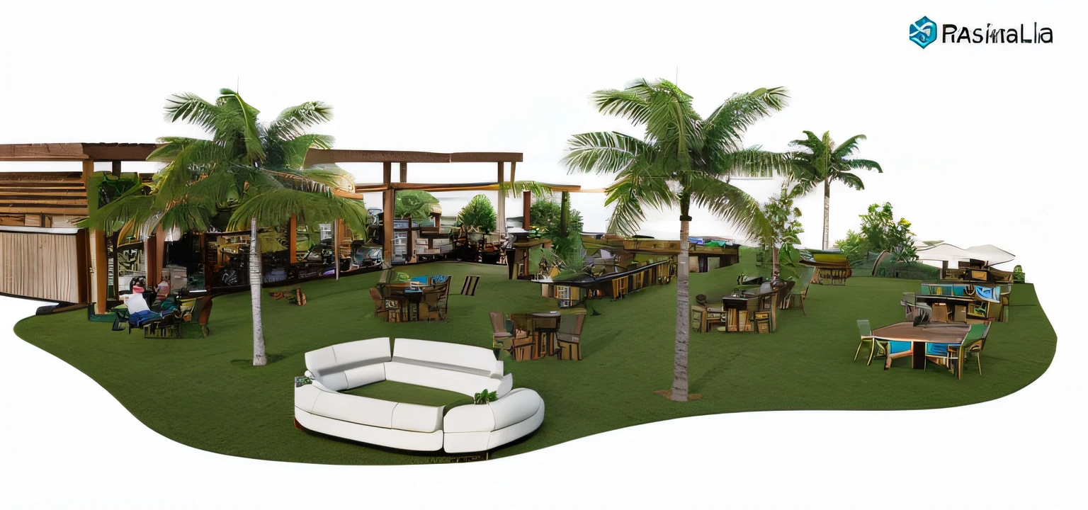 Rendering of a restaurant with wooden tables and a white organic sofa, palmeiras ao redor, uma rede e um lago no lugar do fundo branco