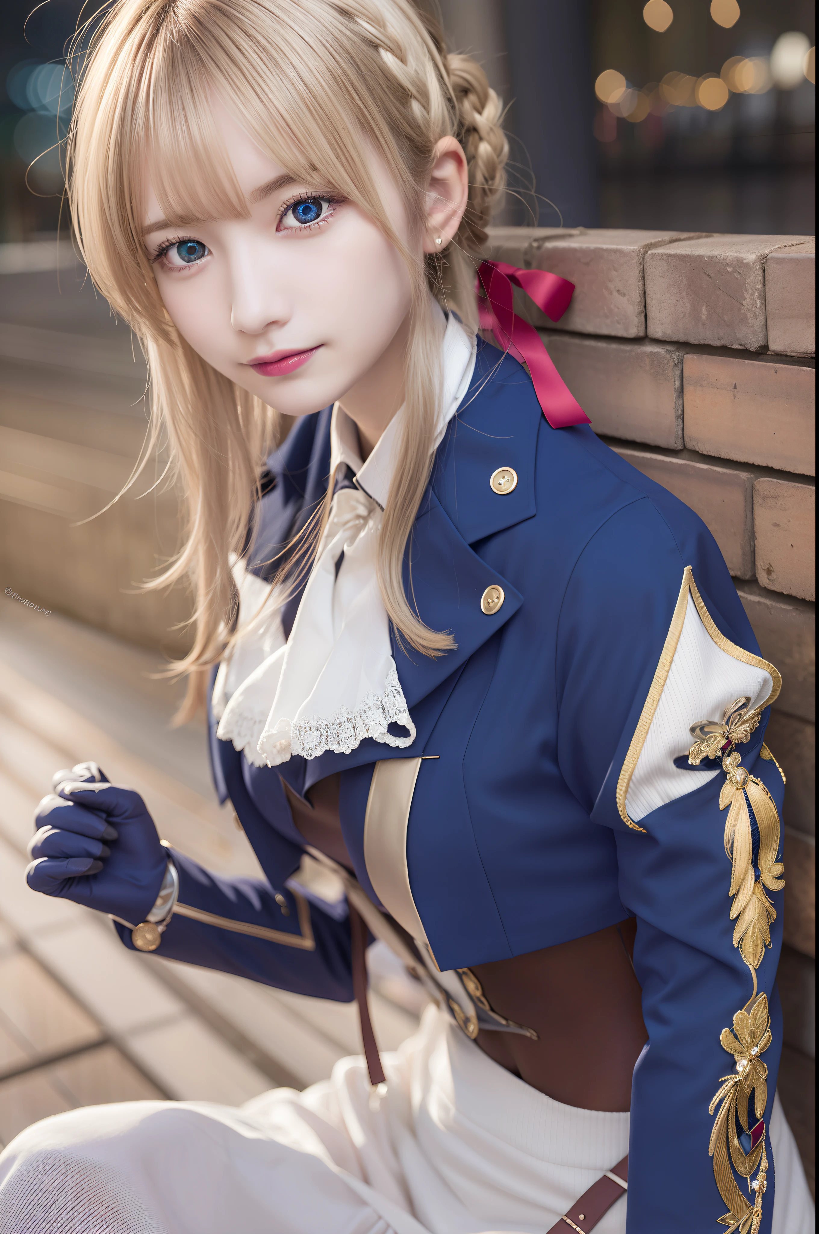 Violet Evergarden, Violet Evergarden, Blonde hair, Hair Ribbon, bow ribbon, Short hair, Braids, hair braids, Red Ribbon, maturefemale,
Blake Blue Jacket, Brown gloves, Cropped jacket, Dress, gloves, Green brooch, Jacket, juliet sleeves, Long sleeves, Puffy sleeves, White Dress,
BREAK looking at viewer,
BREAK outdoors, city,
BREAK (masutepiece:1.2), Best Quality, High resolution, Unity 8k壁纸, (Illustration:0.8), (Beautiful detailed eyes:1.6), extra detailed face, Perfect Lighting, extremely details CG, (Perfect hands, Perfect Anatomy),A smile、japanes、black eyes