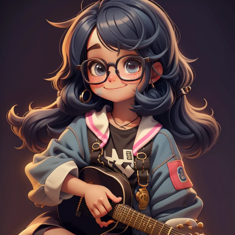  girl holding a guitar, cabelo multicolorido, preso, Eyeglasses, sorriso e olhos delicados, corpo inteiro, modern accessories, moletom, fundo simples, Melhor Qualidade