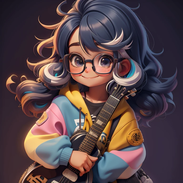 Loli girl holding a guitar, cabelo multicolorido, preso, Eyeglasses, sorriso e olhos delicados, corpo inteiro, modern accessories, moletom, fundo simples, Melhor Qualidade