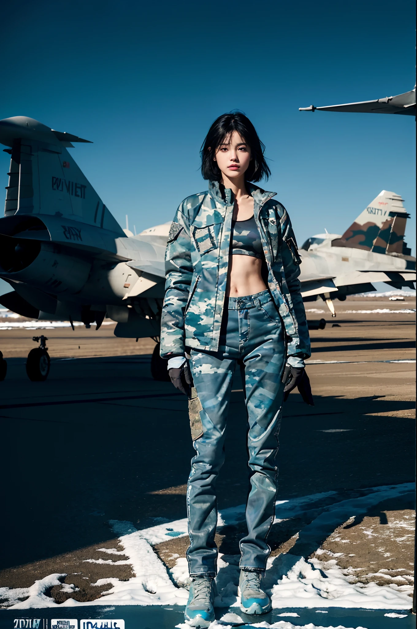 （extremely detremely detailed CG),8k,(Wallpapers），（Extremely refined and beautiful），((masterpiece))，((best qualtiy))，((超高分辨率))，beautiful light up，Perfect lightning，realistic shaded，[A high resolution],a girl,solo,(shoulder-length straight black bob hair),Smooth and flawless fair skin，ultra - detailed ，Elongated legs，flatchest，Slim，thin,(perfect body:1.2), repairman，At military airfields，On the tarmac of a fighter,outdoor，winter,snowscape,in the afternoon,sunny days,Next to the huge Su-27 fighter，Under the wing of the fighter，Next to the landing gear of the fighter，Next to the tires,standing，(Wearing dirty dark blue gloves on both hands),((Blue camouflage down jacket,Blue camouflage pants)),black sneakers,upper body