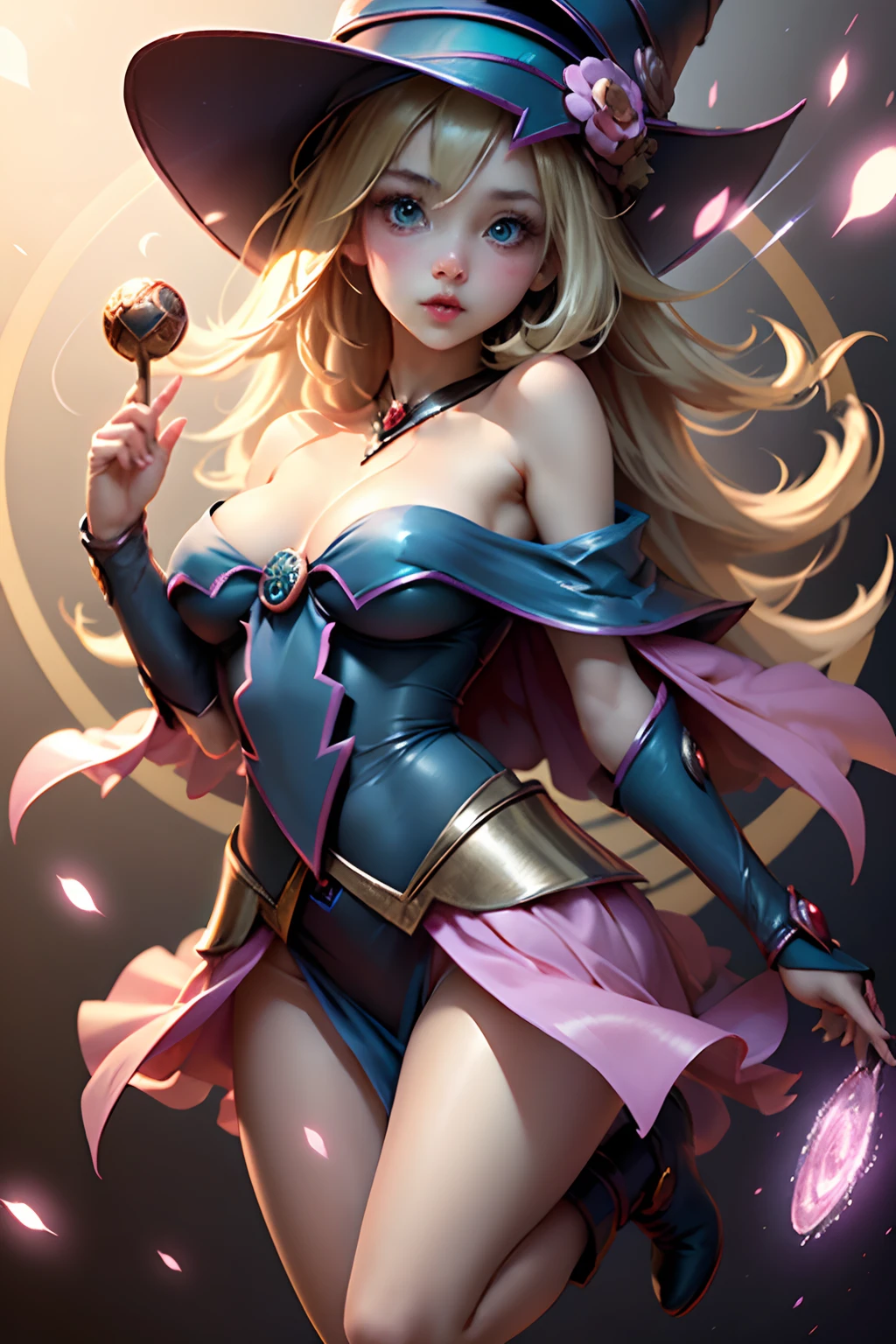 (​masterpiece:1.2), (best qualtiy:1.2), (Delicate depiction)、(Top image quality)、8K，Realistic magic、Raw photo、Photoreal Stick、Perfect Lighting, The Dark Wizard Girl (casting spells: 1.3), in her 20s, (Floating in mid-air: 1.3), Medium, Transparent neckline,  From  above, flashes, (Hands with magical effects: 1.4 )Magic in your hands, magic circle background、a blond、Magic at your fingertips、and draw the full body、Draw from the front、((((kawaii))))