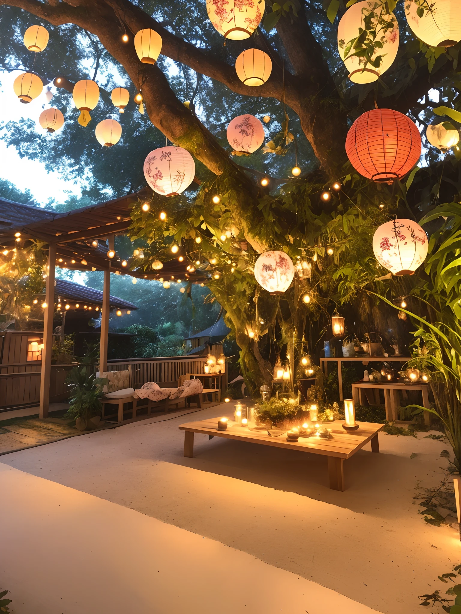 There are many lanterns hanging from the trees in the backyard, magical scene, lush plants and lanterns, The linden tree at sunset, jungle setting, evening at dusk, foreground background, Beautiful setting, detailed scene, floral jungle treehouse, Rustic setting, evening mood, festivity, warm and joyful atmosphere, Hanging lanterns, fall season, lush plants and bonsai trees