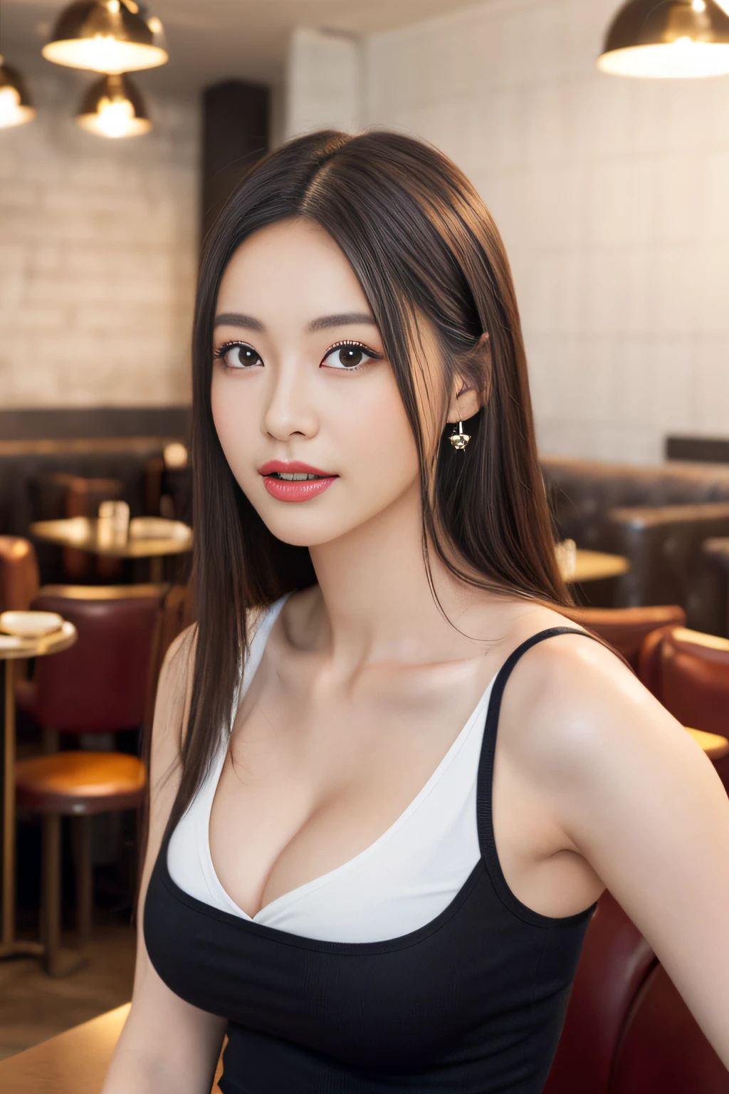 A superb exquisite real beautiful girl, golden long curly hair, extremely exquisite facial features, peerless beautiful girl, collarbone off-the-shoulder, white crop top shirt, black JK skirt, exposed legs, sweet smile, soft, dreamy quality, light white and dark brown, exaggerated facial features, solid color, frank off-white, surreal, blue gemstone necklace, ultra-clear, beautiful young girl, cute and lively, super short leggings, background at the bar counter