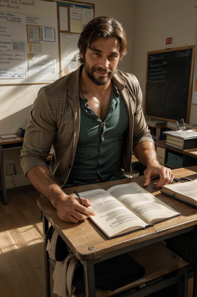 (hot,sexy,attractive:1.2),hunky male professor with hairy muscles,button-up shirt torn open,suit pants,full,thick,brown beard,sitting on classroom desk,confident gaze,classroom setting,blackboard with equations and formulas,vibrant chalk colors,academic books and papers scattered on desk,messy hair,dedicated to teaching,friendly smile,lots of student attention,dreamy atmosphere,subtle sunlight streaming through the windows,soft shadows,serious yet approachable vibe,HDR,ultra-detailed,physically-based rendering,sharp focus,vivid colors