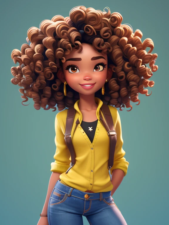 3DCHARACTER, 1 , mulher adulta, hazelnut eyes, cabelos pretos cacheados curtos, (((curly hair))), Black power, pele marrom, (((Brown skin))), hip hop, Denim Jeans Pants, camisa branca, (corpo inteiro: 1.2), fundo simples, obra-prima, melhor qualidade, flor no cabelo, (fundo gradiente de ameixa clara: 1.1)