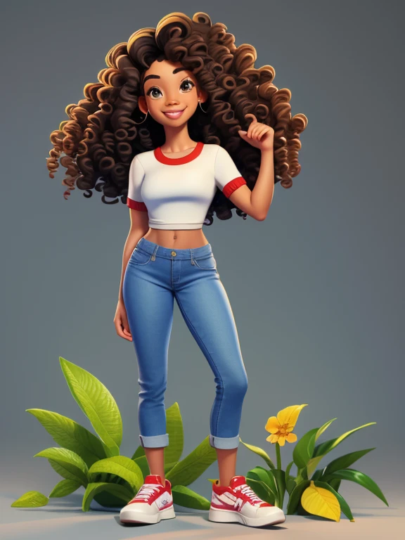 3DCHARACTER, 1 menina, mulher adulta, hazelnut eyes, cabelos pretos cacheados curtos, (((curly hair))), Black power, pele marrom, (((Brown skin))), hip hop, Denim Jeans Pants, camisa branca, (corpo inteiro: 1.2), fundo simples, obra-prima, melhor qualidade, flor no cabelo, (fundo gradiente de ameixa clara: 1.1)