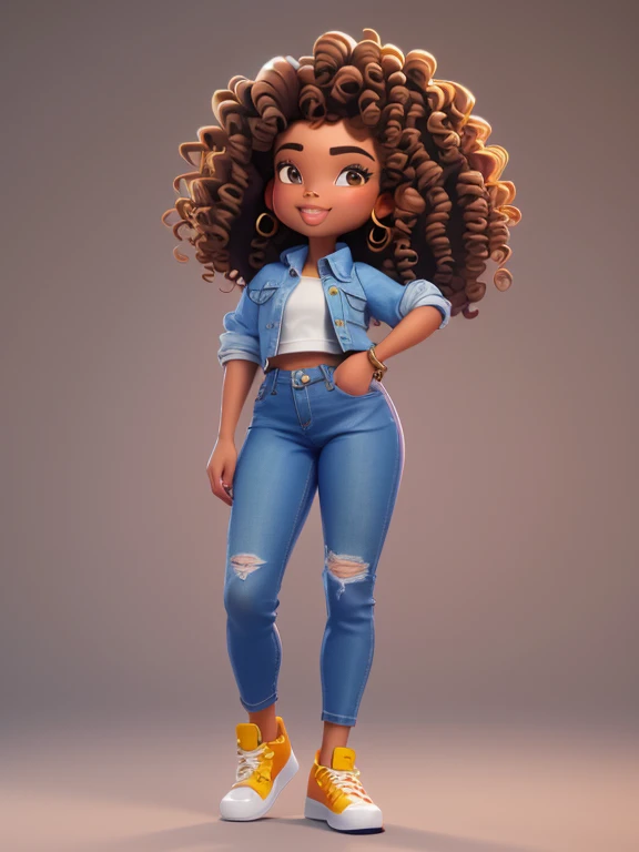 3DCHARACTER, 1 , mulher adulta, hazelnut eyes, cabelos pretos cacheados curtos, (((curly hair))), Black power, pele marrom, (((Brown skin))), hip hop, Denim Jeans Pants, camisa branca, (corpo inteiro: 1.2), fundo simples, obra-prima, melhor qualidade, flor no cabelo, (fundo gradiente de ameixa clara: 1.1)