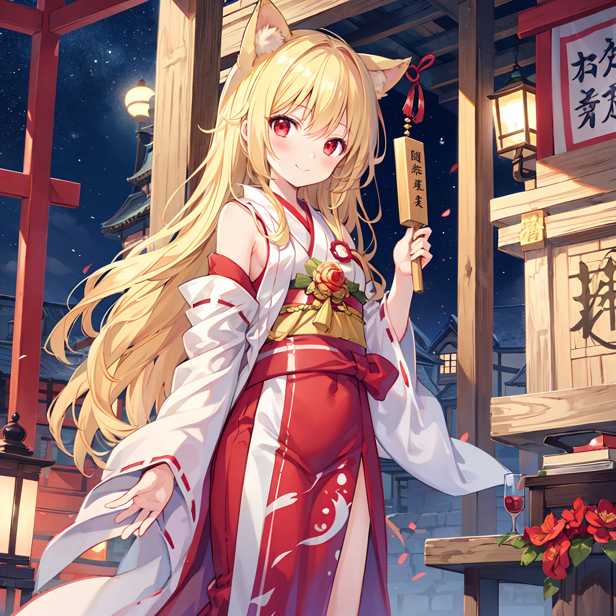 Wavy blonde hair、One girl with red eyes、独奏、red blush、shrines、shrine maiden clothe、A smile