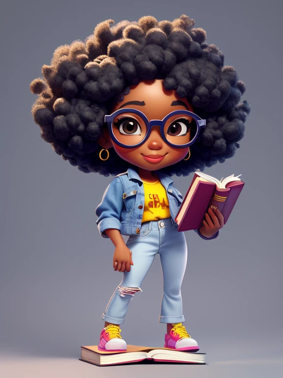 estilo chibi, jeans, fofo, sorrir, Afro Girl holding a book while wearing glasses, master part, Estilo 3dm, Olhe para o Visualizador,