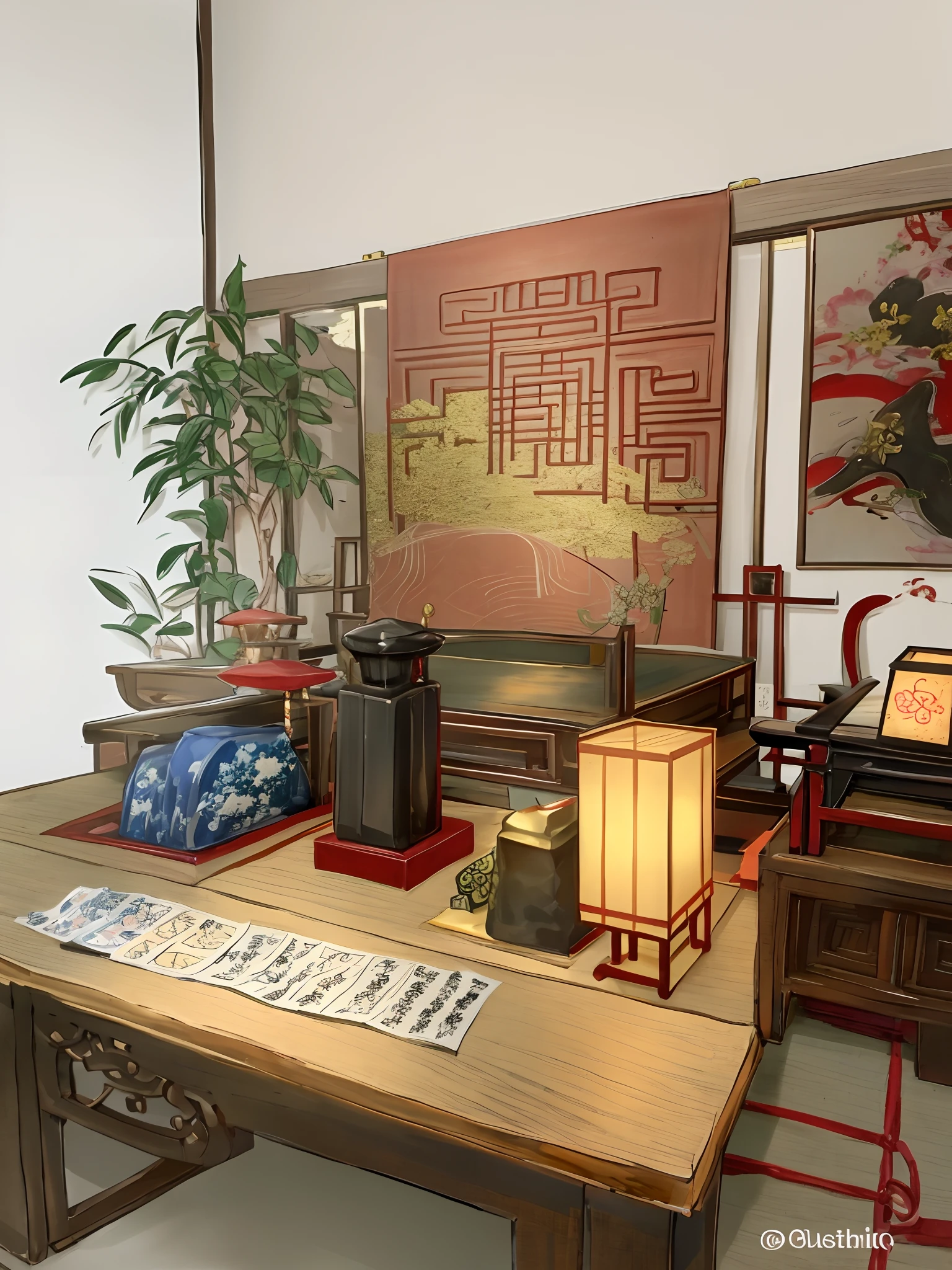 There is a table，There is a lot of Asian art on it, apartment of an art student, room of the nameless painter, with ancient chinese aesthetic, chinese artist, Chinese painting style, inspired by Luo Zhichuan, Cluttered art studio, ukiuo-e and studio ghilbi style, Traditional Chinese Ink Painting, japanese influences