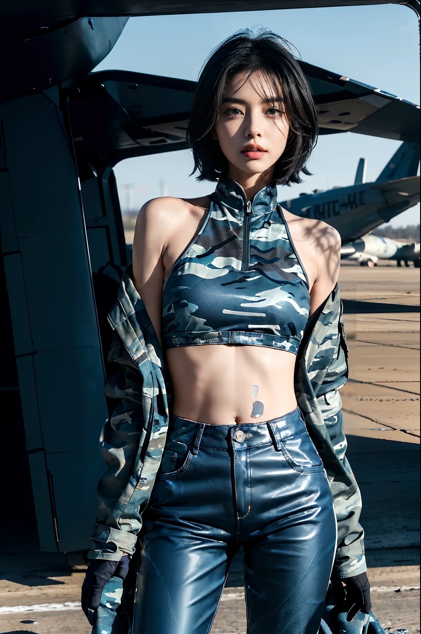 （extremely detremely detailed CG),8k,(Wallpapers），（Extremely refined and beautiful），((masterpiece))，((best qualtiy))，((超高分辨率))，beautiful light up，Perfect lightning，realistic shaded，[A high resolution],a girl,solo,(shoulder-length straight black bob hair),Smooth and flawless fair skin，ultra - detailed ，Elongated legs，flatchest，Slim，thin,(perfect body:1.2), repairman，At military airfields，On the tarmac of a fighter,outdoor，winter,snowscape,in the afternoon,sunny days,Next to the huge Su-27 fighter，Under the wing of the fighter，Next to the landing gear of the fighter，Next to the tires,standing，(Wearing dirty dark blue gloves on both hands),((Blue camouflage down jacket,Blue camouflage pants)),black sneakers,(upper body),(cowboy shot),(close shot)