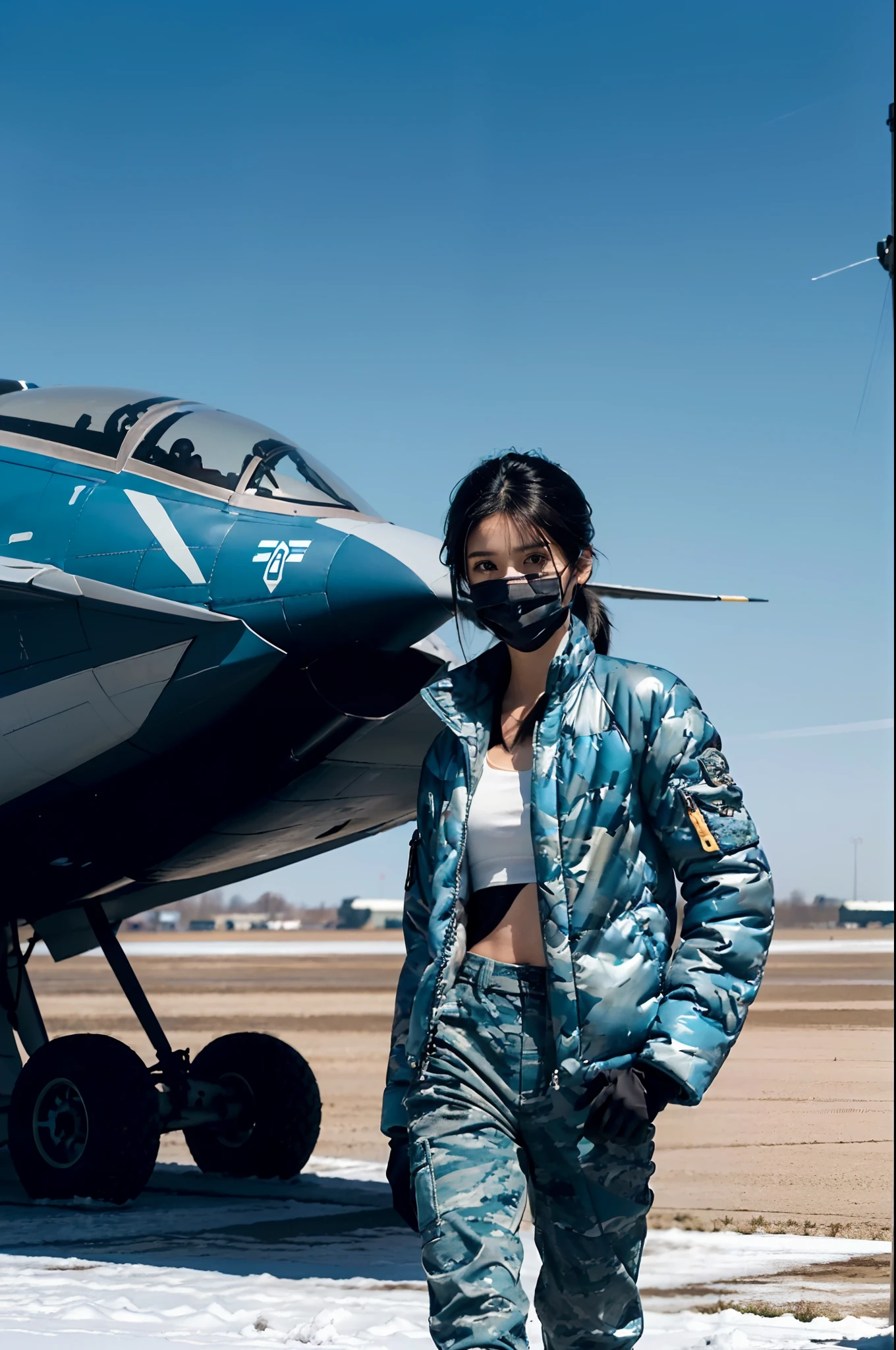 （extremely detremely detailed CG),8k,(Wallpapers），（Extremely refined and beautiful），((masterpiece))，((best qualtiy))，((超高分辨率))，beautiful light up，Perfect lightning，realistic shaded，[A high resolution],a girl,solo,(shoulder-length straight black bob hair),(very short ponytail),Smooth and flawless fair skin，ultra - detailed ，Elongated legs，flatchest，Slim，thin,(perfect body:1.2), repairman，At military airfields，On the tarmac of a fighter,outdoor，winter,snowscape,in the afternoon,sunny days,Next to the huge Su-27 fighter，Under the wing of the fighter，Next to the landing gear of the fighter，Next to the tires,standing，(Wearing dirty dark blue gloves on both hands),((Blue camouflage down jacket,Blue camouflage pants)),black sneakers,(upper body),(cowboy shot),(close shot)