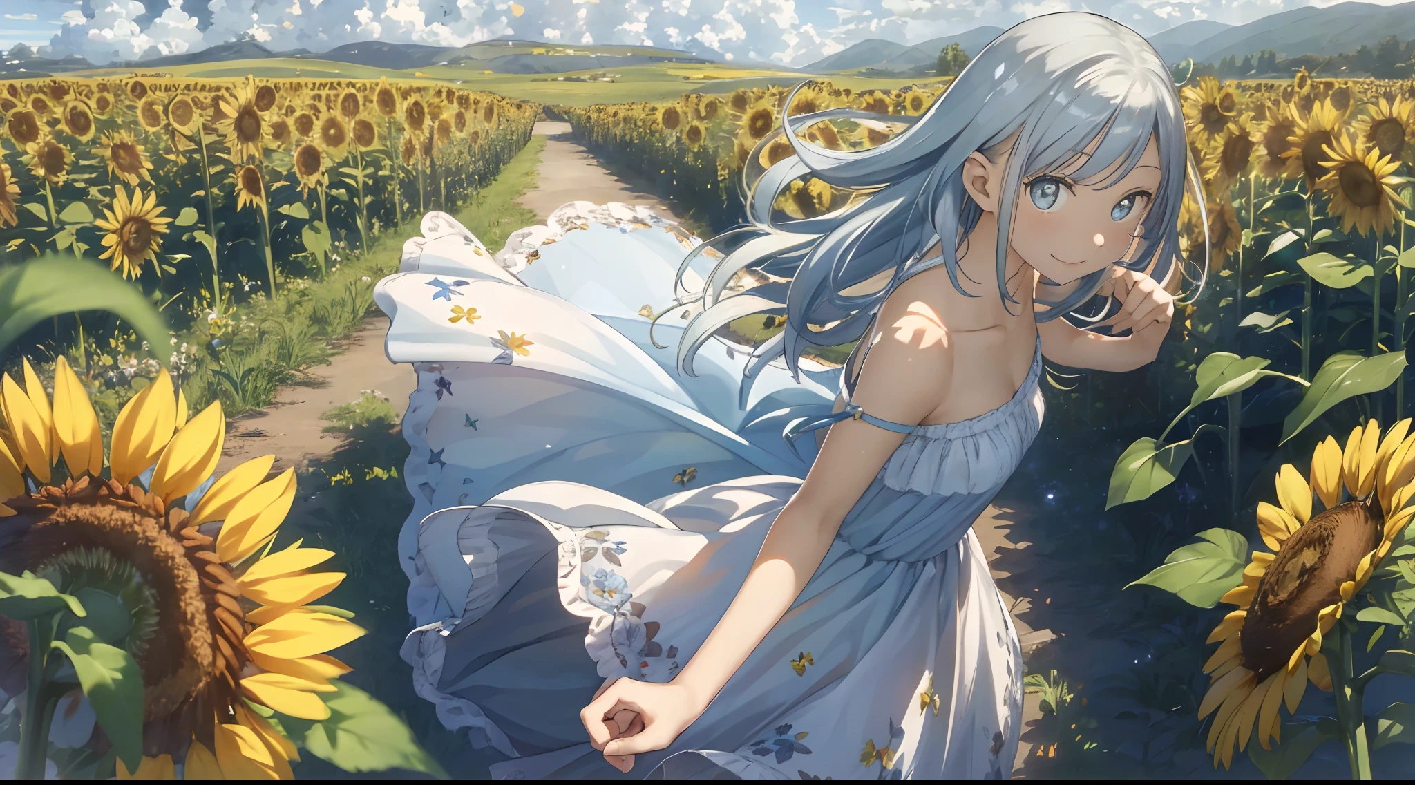 (Best Quality: 1.5), (Super Detail: 1.5), (Best Quality Photo: 1.5), Summer Sky, Sunflower Field as far as the eye can see, Scenic, Beautiful landscape, Light particles, Very delicate and beautiful, Very detailed, Bioluminescence, Cinematic light, Mysterious, Cinematic angle, 8K resolution, Elegant, Perfect, Smooth, Beautiful Girl, Very Cute, Smile, (Delicate and Beautiful Eyes: 1.2), (Girl: 1.5),Lace, Ribbon, Strapless, Hundred Flowers Disturbance, Refreshing Wind, Fluttering Petals,