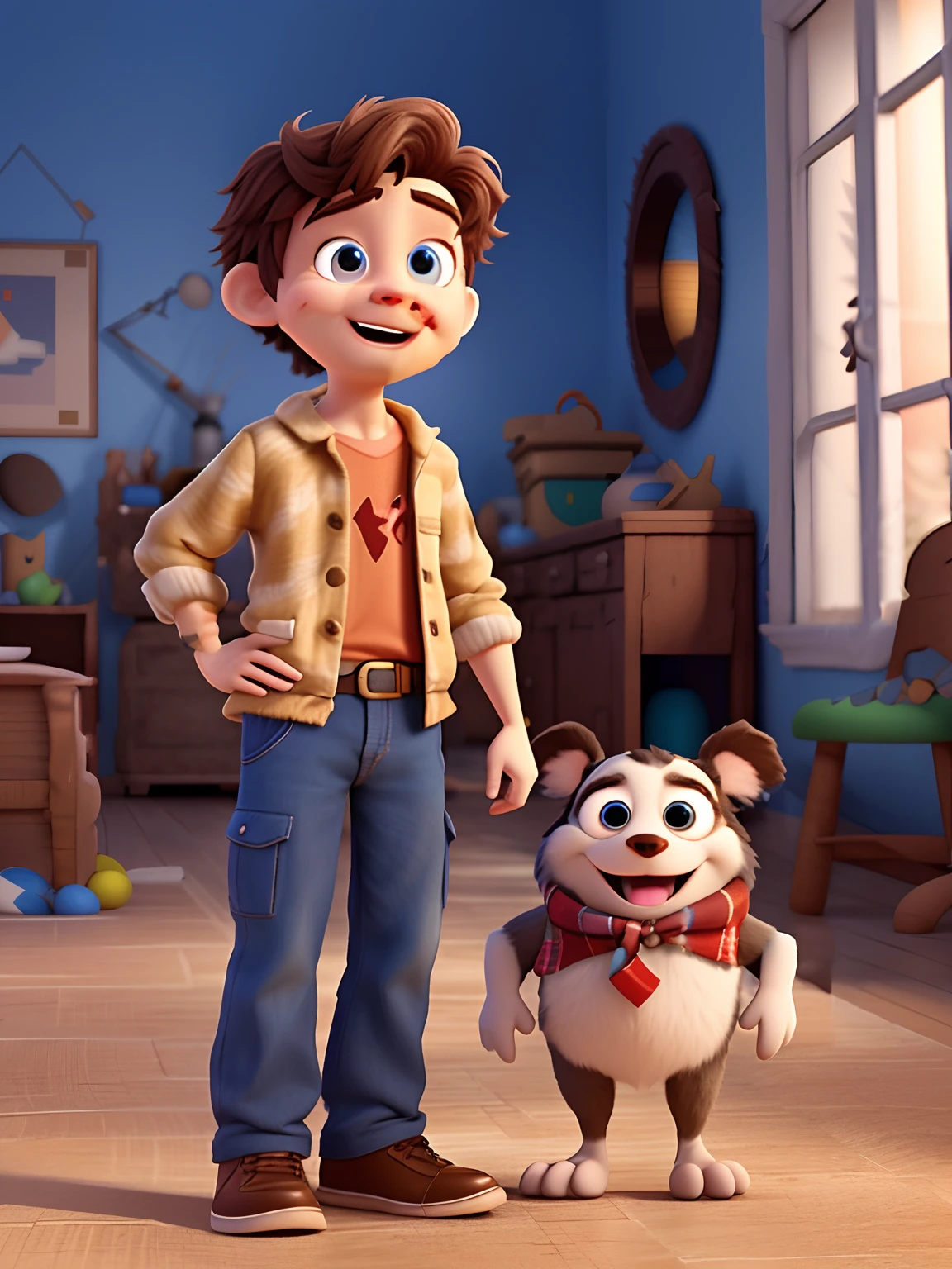 Cartoon boy and dog in a room with blue walls, design de personagem bonito pixar, pixar renderman render, Disney Pixar filme ainda, Pixar e Disney Estilo 3D, design de personagens pixar, pixar filme ainda, Estilo dos desenhos animados da Pixar, animation movie still, pixar 3 d animation style, pixar animation,hiper detalhado, Disney Pixar Estilo 3D