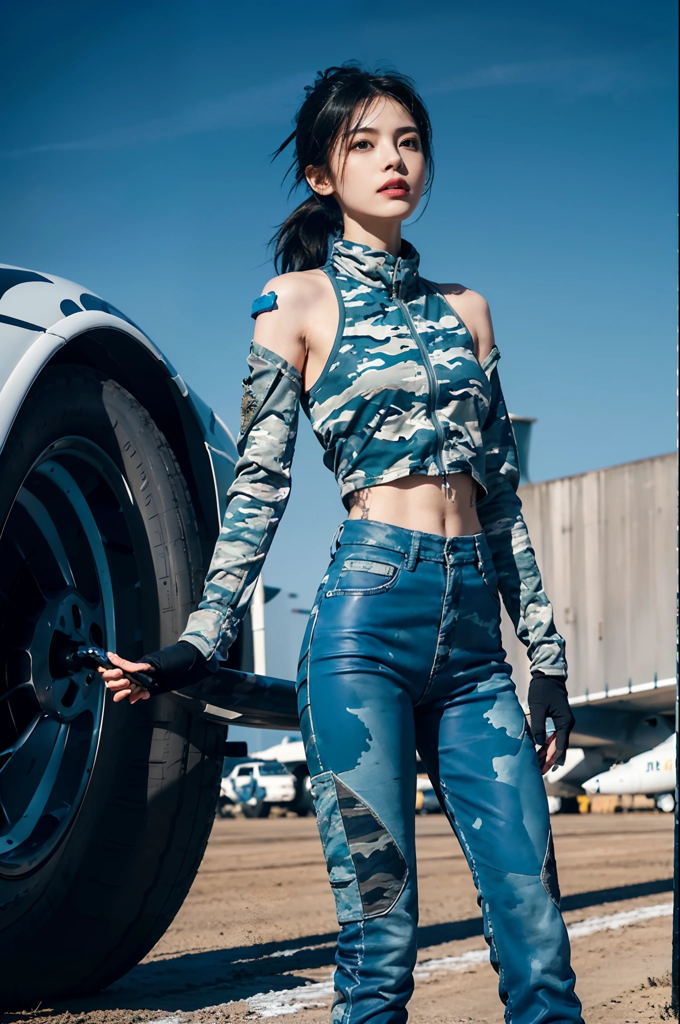 （extremely detremely detailed CG),8k,(Wallpapers），（Extremely refined and beautiful），((masterpiece))，((best qualtiy))，((超高分辨率))，beautiful light up，Perfect lightning，realistic shaded，[A high resolution],a girl,solo,(shoulder-length straight black bob hair),(very short ponytail),Smooth and flawless fair skin，ultra - detailed ，Elongated legs，flatchest，Slim，thin,(perfect body:1.2), repairman，At military airfields，On the tarmac of a fighter,outdoor，winter,snowscape,in the afternoon,sunny days,Next to the huge Su-27 fighter，Under the wing of the fighter，Next to the landing gear of the fighter，Next to the tires,standing，(Wearing dirty dark blue gloves on both hands),((Blue camouflage down jacket,Blue camouflage pants)),black sneakers,(upper body),(cowboy shot),(close shot)