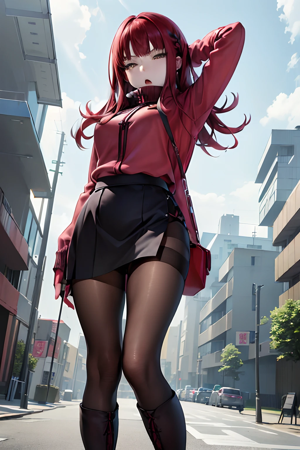 masutepiece, Best Quality, absurderes, Perfect Anatomy, 1girl in, Solo, Yoko Katori, Long hair, Knitted Outerwear、((a miniskirt)),  ((pantyhose))、((long boots))、((Photo from below))、((Show panties))、((self lift))、((Holding a skirt))