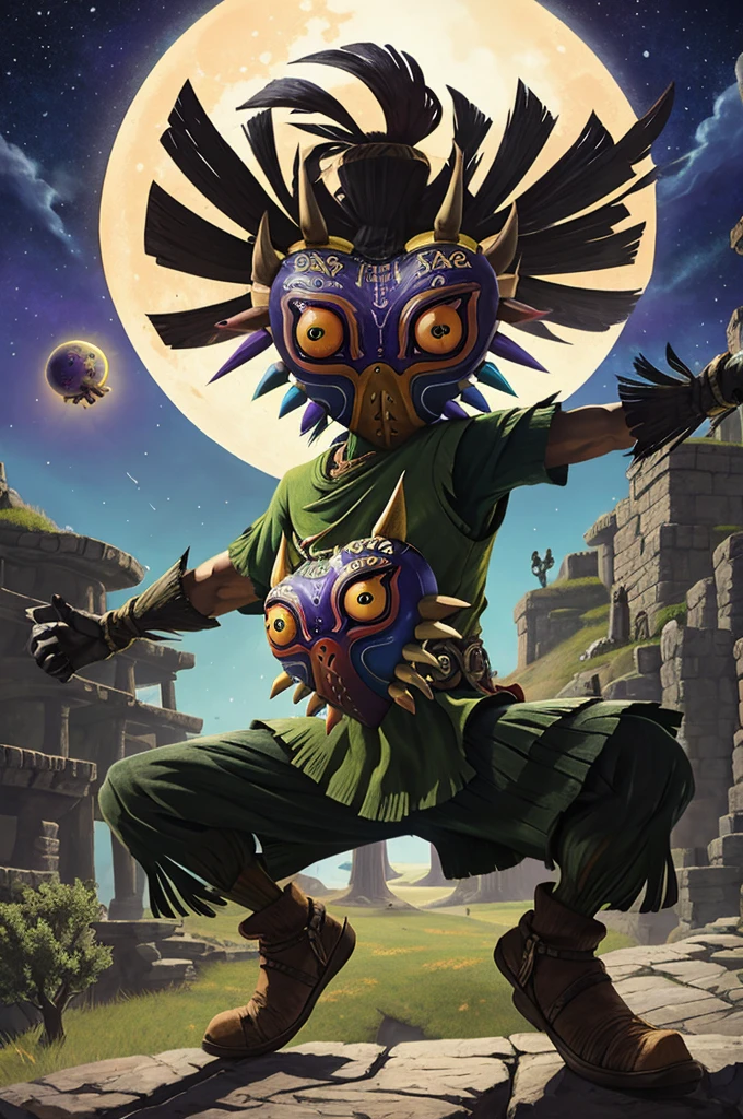 A detailed landscape of the legend of zelda majoras mask, (skull kid in a dynamic pose), a detailed giant moon falling, landscape, masterpiece, best quality