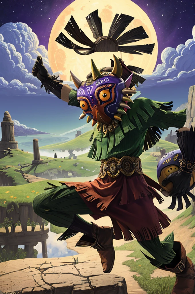 A detailed landscape of the legend of zelda majoras mask, (skull kid in a dynamic pose), a detailed giant moon falling, landscape, masterpiece, best quality