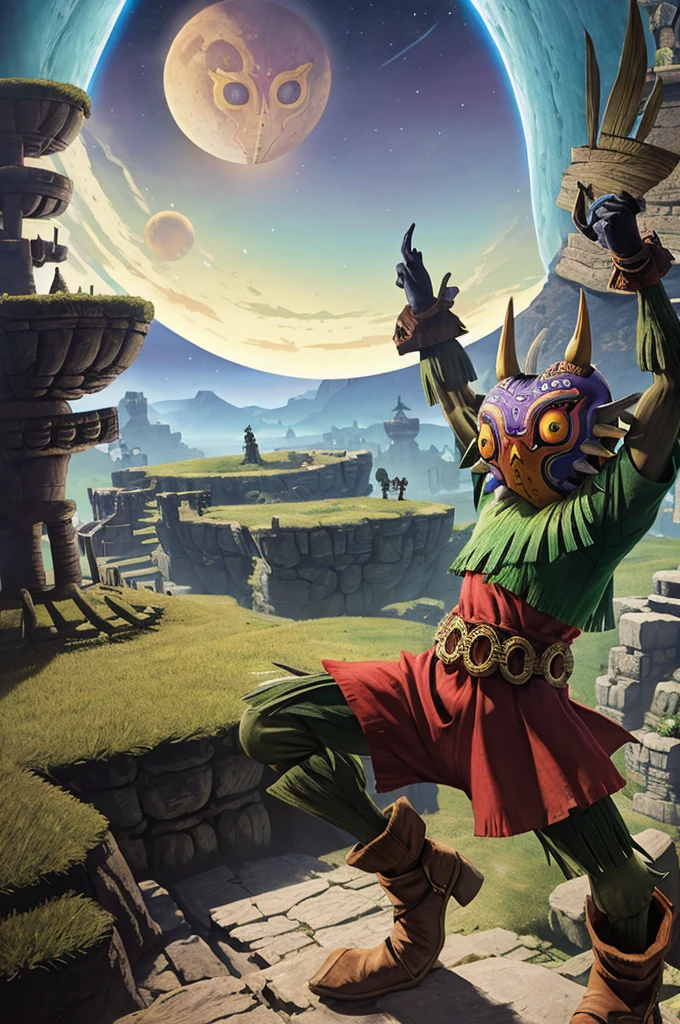 A detailed landscape of the legend of zelda majoras mask, (skull kid in a dynamic pose), a detailed giant moon falling, landscape, masterpiece, best quality