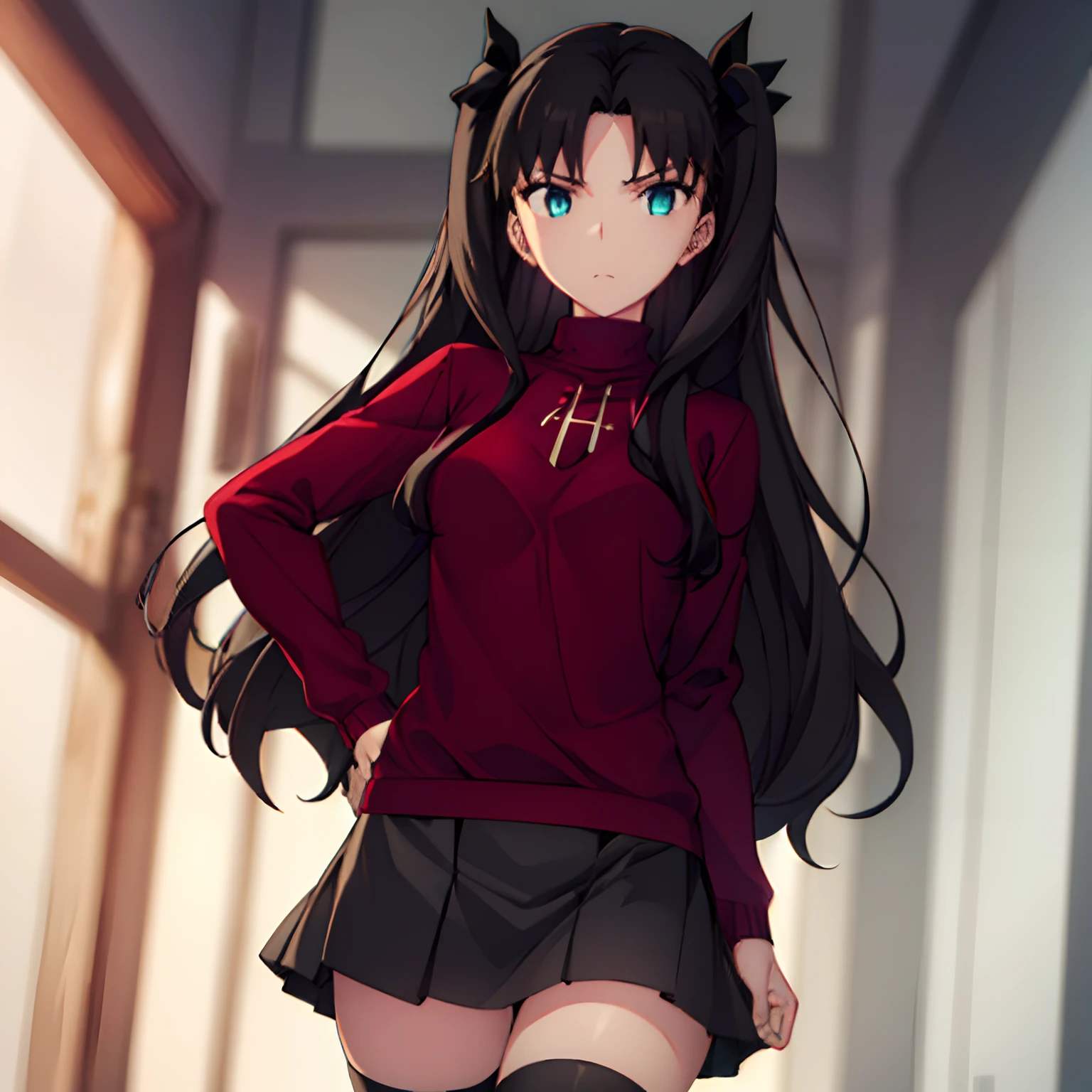 1girl,alone,rin tohsaka,rin tohsaka kyockcho,aqua eyes,(black hair:1.5),hair ribbon,long hair,ribbon,sidelocks,two side up,(parted bangs:1.5) BREAK black skirt,black thighhighs,long sleeves,miniskirt,pleated skirt,(red sweater:1.5),skirt,sweater,thighhighs,turtleneck BREAK indoors,classroom BREAK looking at viewer,(cowboy shot:1.5) BREAK (masterpiece:1.2),best quality,high resolution,unity 8k wallpaper,(illustration:0.8),(beautiful detailed eyes:1.6),extremely detailed face,perfect lighting,extremely detailed CG,(perfect hands, perfect anatomy),