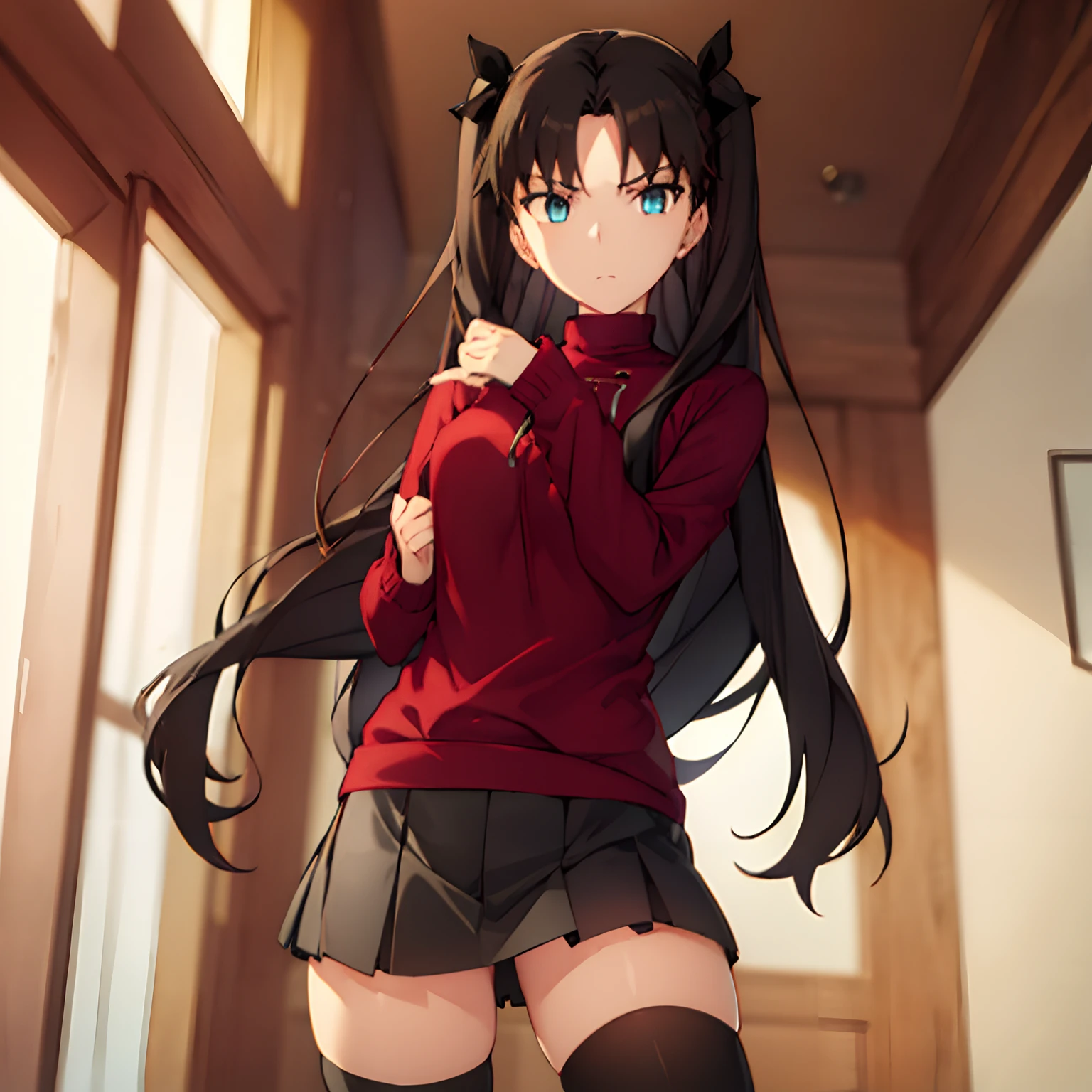 1girl,alone,rin tohsaka,rin tohsaka kyockcho,aqua eyes,(black hair:1.5),hair ribbon,long hair,ribbon,sidelocks,two side up,(parted bangs:1.5) BREAK black skirt,black thighhighs,long sleeves,miniskirt,pleated skirt,(red sweater:1.5),skirt,sweater,thighhighs,turtleneck BREAK indoors,classroom BREAK looking at viewer,(cowboy shot:1.5) BREAK (masterpiece:1.2),best quality,high resolution,unity 8k wallpaper,(illustration:0.8),(beautiful detailed eyes:1.6),extremely detailed face,perfect lighting,extremely detailed CG,(perfect hands, perfect anatomy),