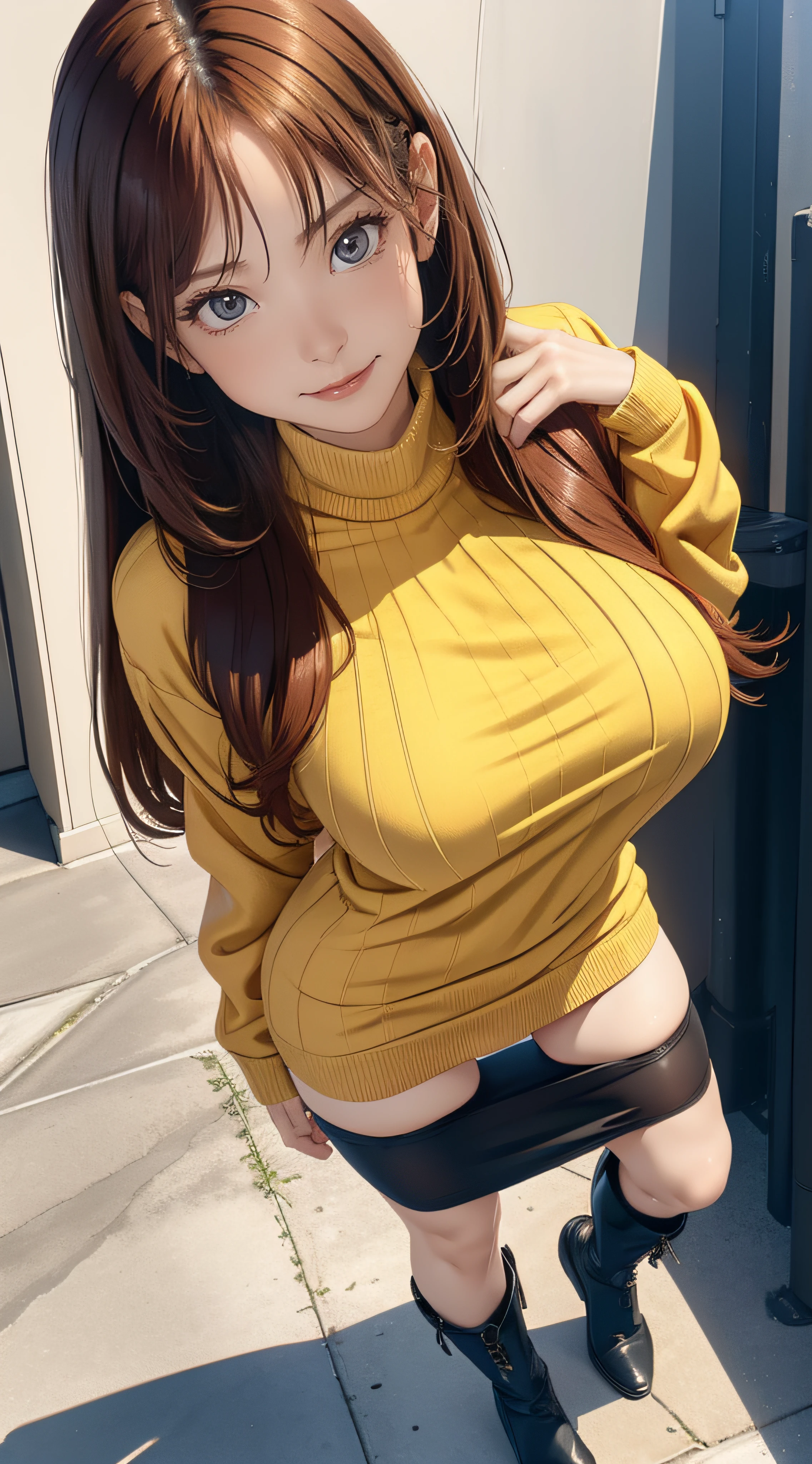 bold stance,walk,park,(ultra detailed skin),curvy,petite,beautiful breasts,large breasts,pale skin,pointy breasts,erect nipples,(Hyperrealist portrait,(8k),ultra-realistic,high detail,high resolution,best quality,masterpiece,Sense of presence,Dynamic,bold),(thin hair),(soft hair),(straight hair:1.5),Swept long bangs,extra light coppery amber hair,hair over one eye,baggy sweater with long hem,tight mini skirt,stockings,Engineer boot,(spread arms)