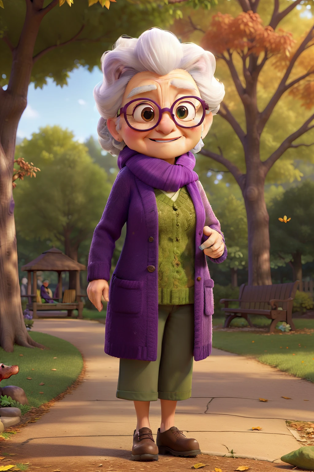 (high quality, masterpiece:1.2),elderly woman with glasses and scarf,standing in the park,wearing a purple coat and a green scarf,beautiful detailed eyes,beautiful detailed lips,extremely detailed eyes and face,longeyelashes,portraits,soft lighting,autumn color palette,bright colors,crisp details,falling leaves,peaceful atmosphere,subtle breeze,gentle smile,aging gracefully,deep wisdom,vibrant nature,serene expression,lush greenery,relaxed stance,park bench,playful squirrels,chirping birds,sunshine filtering through trees,walkway lined with flowers and trees