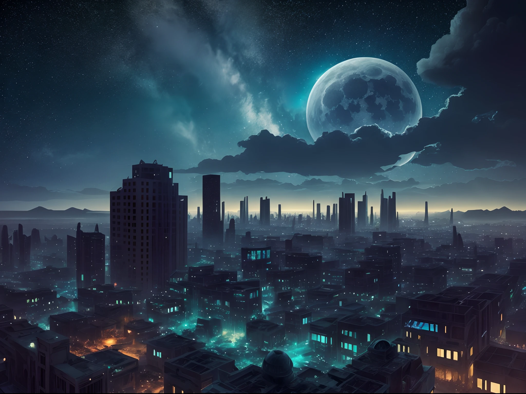 Enter the mysterious nighttime expanse of a deserted city, where moonlight cascades down on the skeletal remains of wooden structures, intertwined with the sturdy tendrils of jungle vegetation. Arriba, The cosmic tapestry is interrupted by the great spaceship. A surreal alliance of desolation and extraterrestrial presence unfolds beneath the twin moons, creating an enigmatic atmosphere over the abandoned cityscape. The dark scene is illuminated by a soft light, con un paisaje celeste de estrellas y nebulosas al fondo. Y en el centro, una brillante luz de luna ilumina al hombre mientras explora el cosmos. --auto --s2