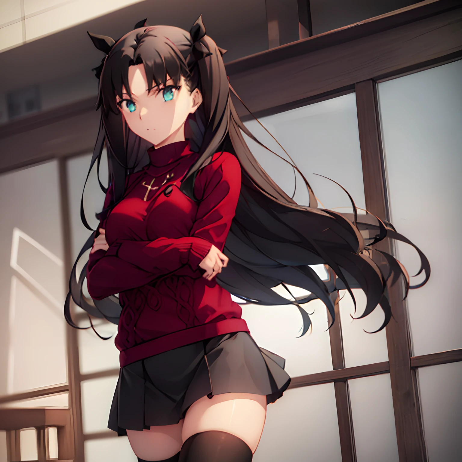 1girl,alone,rin tohsaka,rin tohsaka kyockcho,aqua eyes,(black hair:1.5),hair ribbon,long hair,ribbon,sidelocks,two side up,(parted bangs:1.5) BREAK black skirt,black thighhighs,long sleeves,miniskirt,pleated skirt,(red sweater:1.5),skirt,sweater,thighhighs,turtleneck BREAK indoors,classroom BREAK looking at viewer,(cowboy shot:1.5) BREAK (masterpiece:1.2),best quality,high resolution,unity 8k wallpaper,(illustration:0.8),(beautiful detailed eyes:1.6),extremely detailed face,perfect lighting,extremely detailed CG,(perfect hands, perfect anatomy),