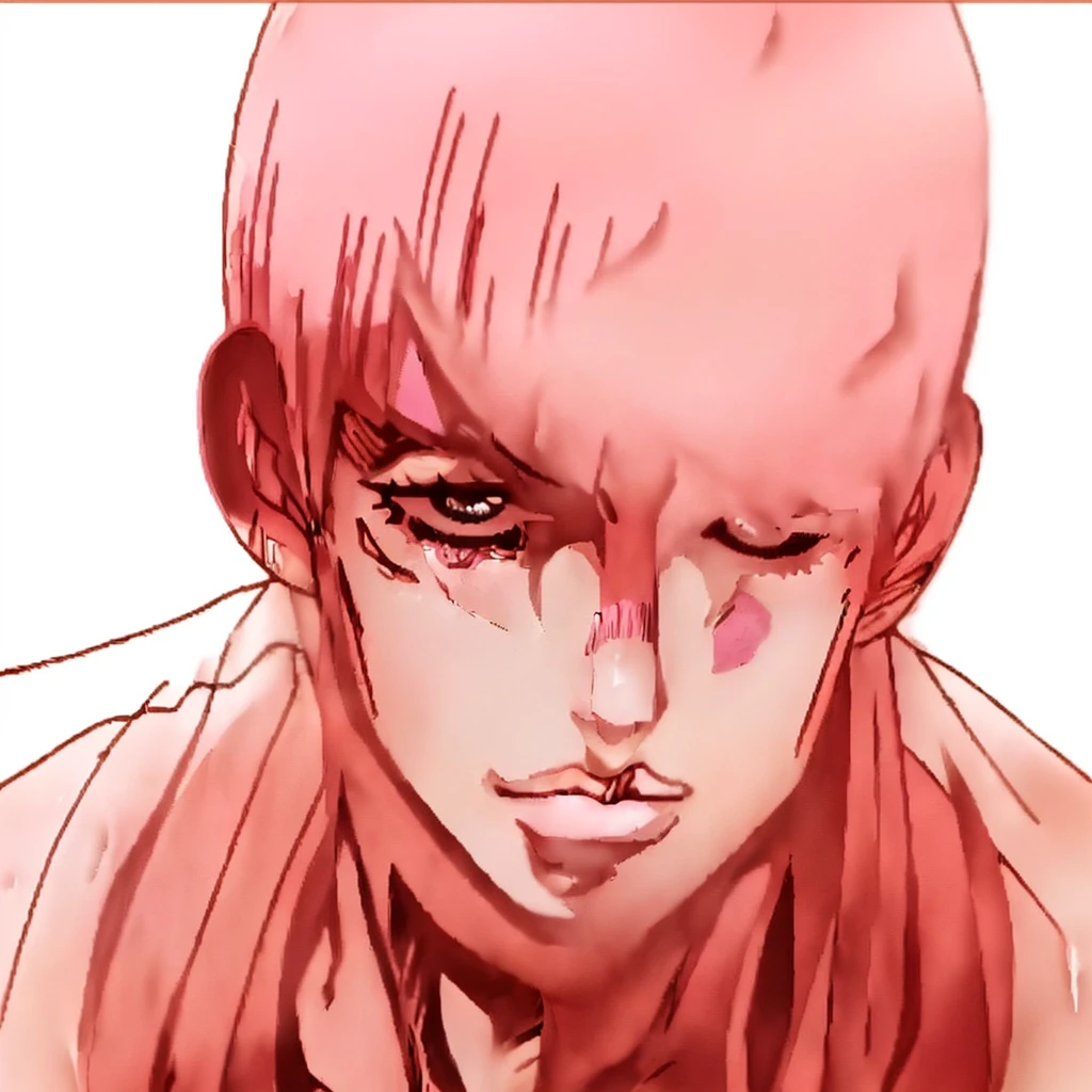 JoJo's Bizarre Adventure Character, Bust up, A Man,Pink Straight Short Hair, hairs between eyes,(Half-open prone eyes:1.3)),Thin eyebrows,(Tears from(( Right eye)):1.3),One large brown scar under his right eye,