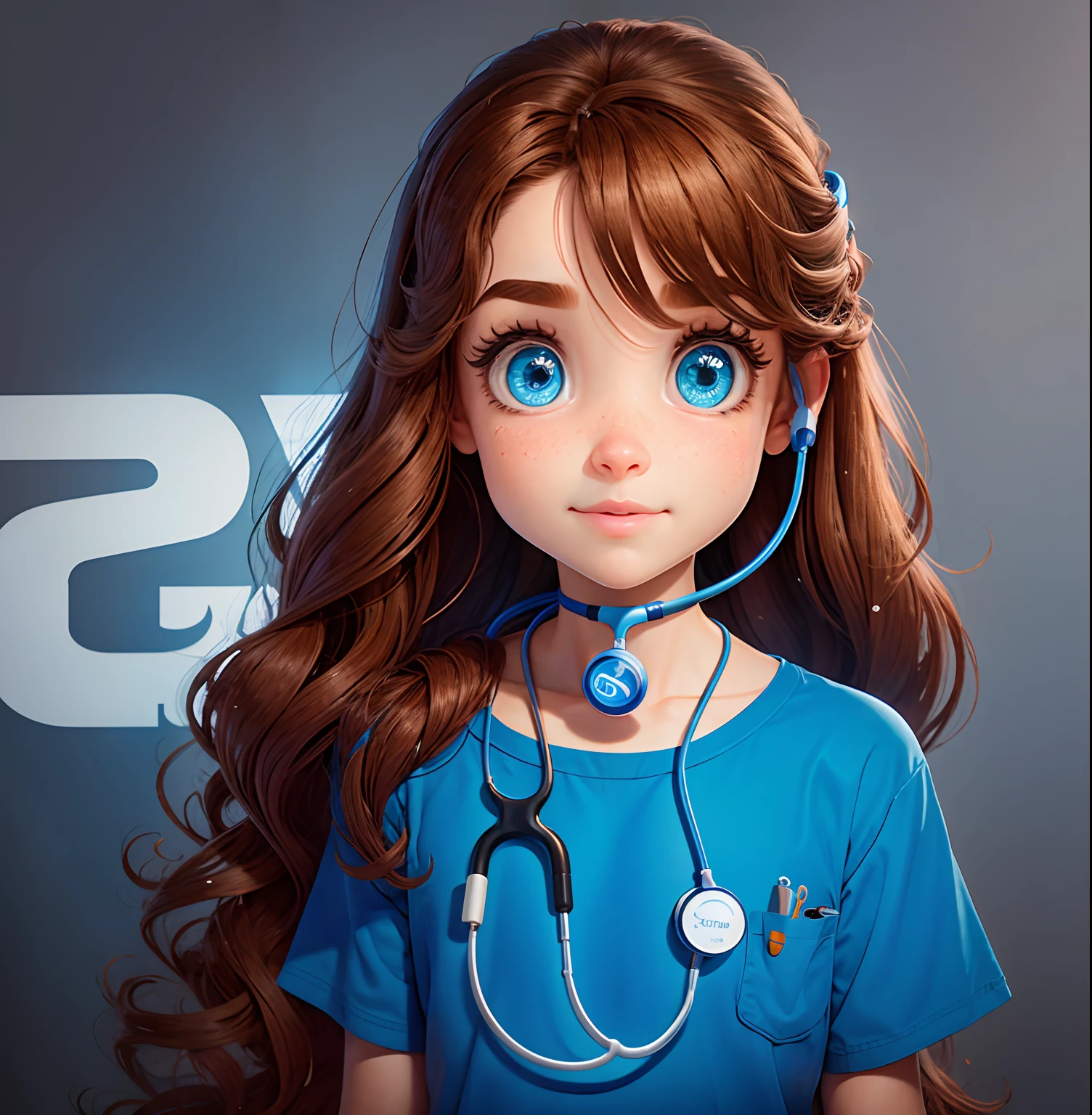Make a pixar character girl with long brown hair, olhos castanhos, rosto fino, sobrancelhas finas, Blue t-shirt with horse design and wearing a neck stethoscope