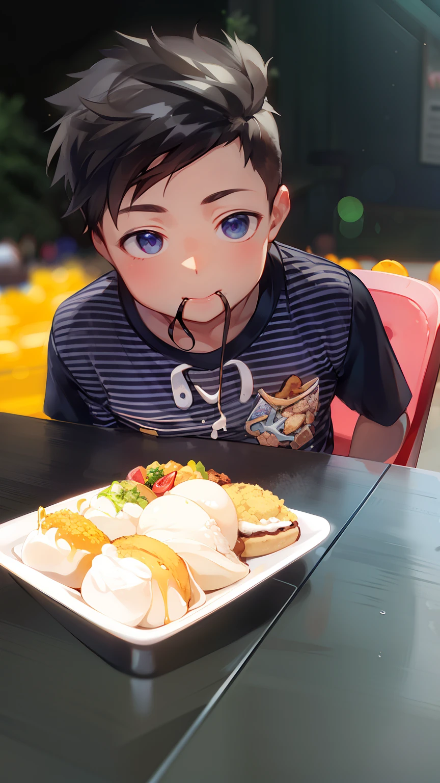there is a young boy sitting at a table with a plate of food, comer bolos, Comer, Tiro na Nikon Z9, Directed by: Nandor Soldier, comer sorvete, imagem de qualidade muito baixa, comer sorvete - creme, pegando seus tacos e bebida), Tomado com Sony Alpha 9, taken with the best dlsr camera, sobremesa