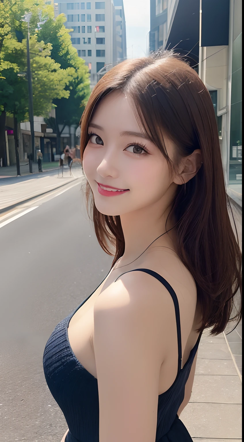 masutepiece, Best quality, illustration, Ultra-detailed, finedetail, A high resolution, 8K wallpaper, Perfect dynamic composition, Beautiful detailed eyes, summer dress,Medium hair, Big breasts, Natural color lips, Random and sexy pose,Smile,Aoyama Street Walkway、20 years girl