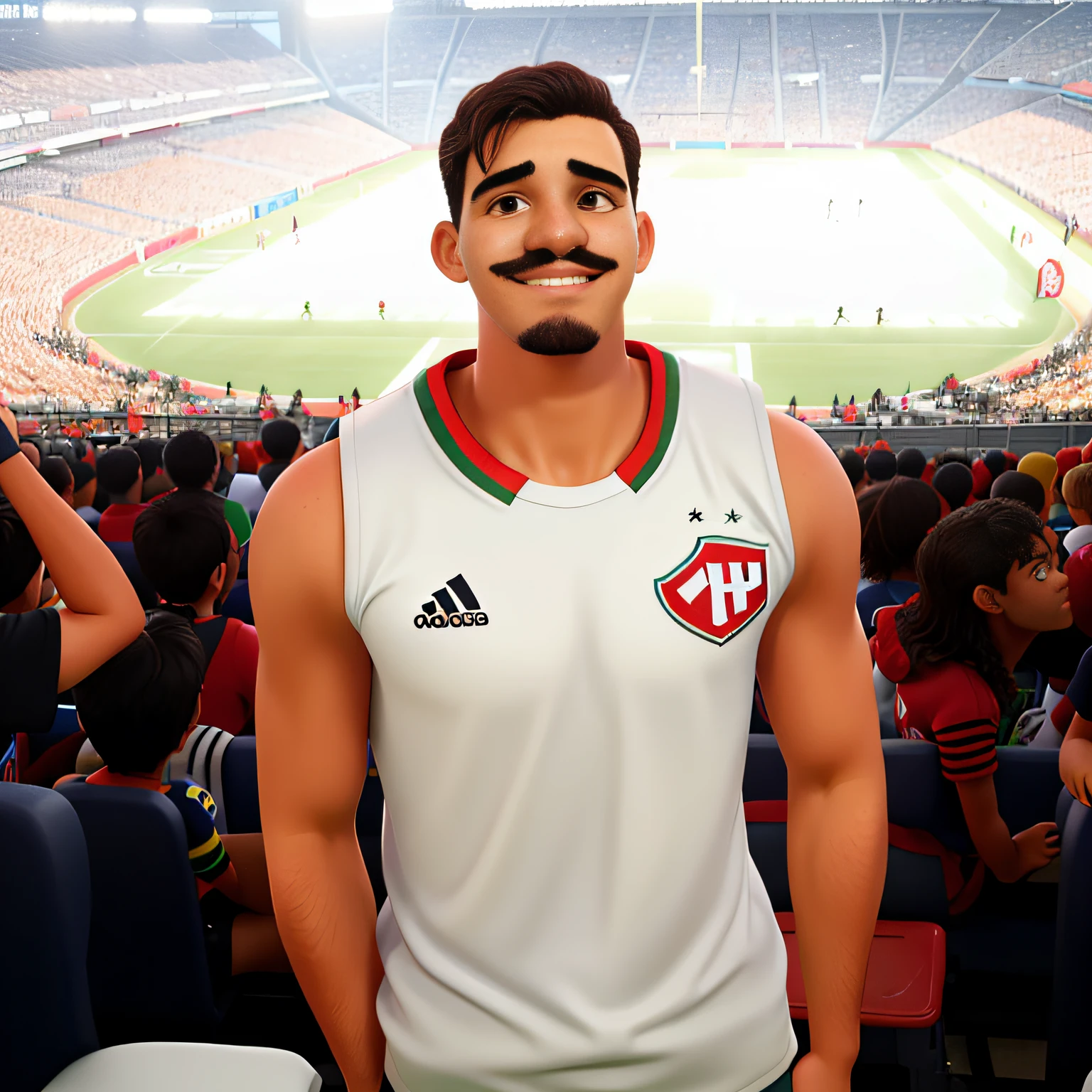 A happy young man with a mustache in the football stadium cheering for his team Flamengo.