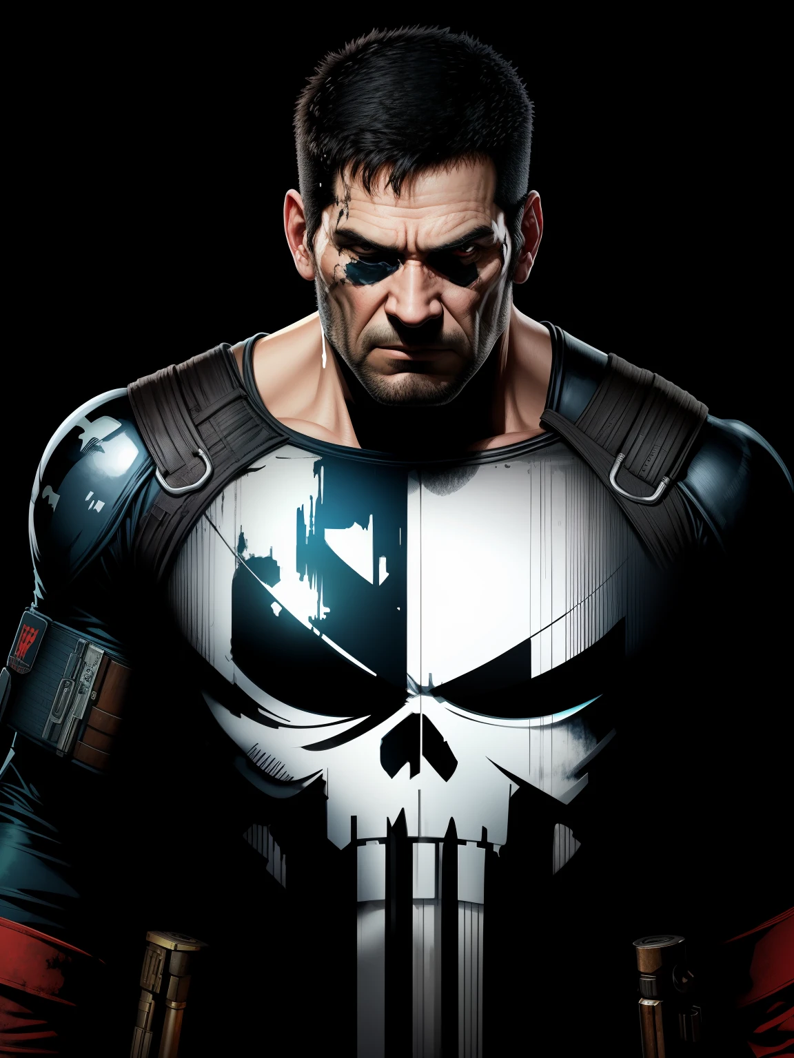 A brooding vigilante, embodying elements of Pop Art, and Cubism styles, exudes a grunge undertone in a movie poster aesthetic. Vibrant tetradic colors pop against a black light spot, creating a high-octane energy. This captivating image captures the Punisher in a dynamic and edgy manner, blending different art styles seamlessly. The details in the artwork are exquisite, showcasing the character's intense nature and complexity. The high quality of the image is undeniable, drawing viewers into the intense world of the Punisher. Sinister atmosphere. Full body.