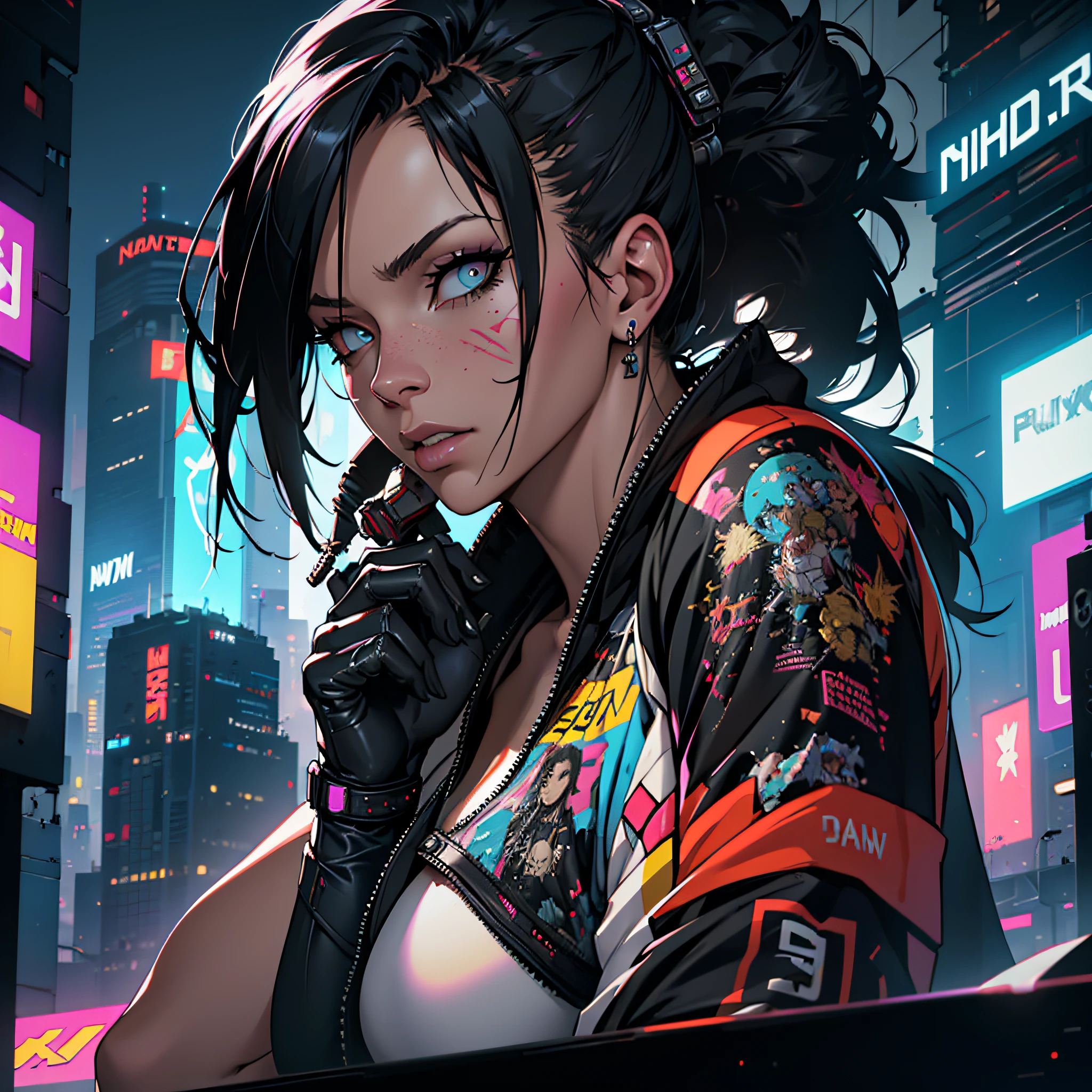 Cyberpunk portait beautifull woman, night cyberpunk city skyline, snthwve style nvinkpunk, by jeremy mann, by sandra chevrier, by dave mckean and richard avedon and maciej kuciara, punk rock, tank girl, high detailed, 4k, RTX
