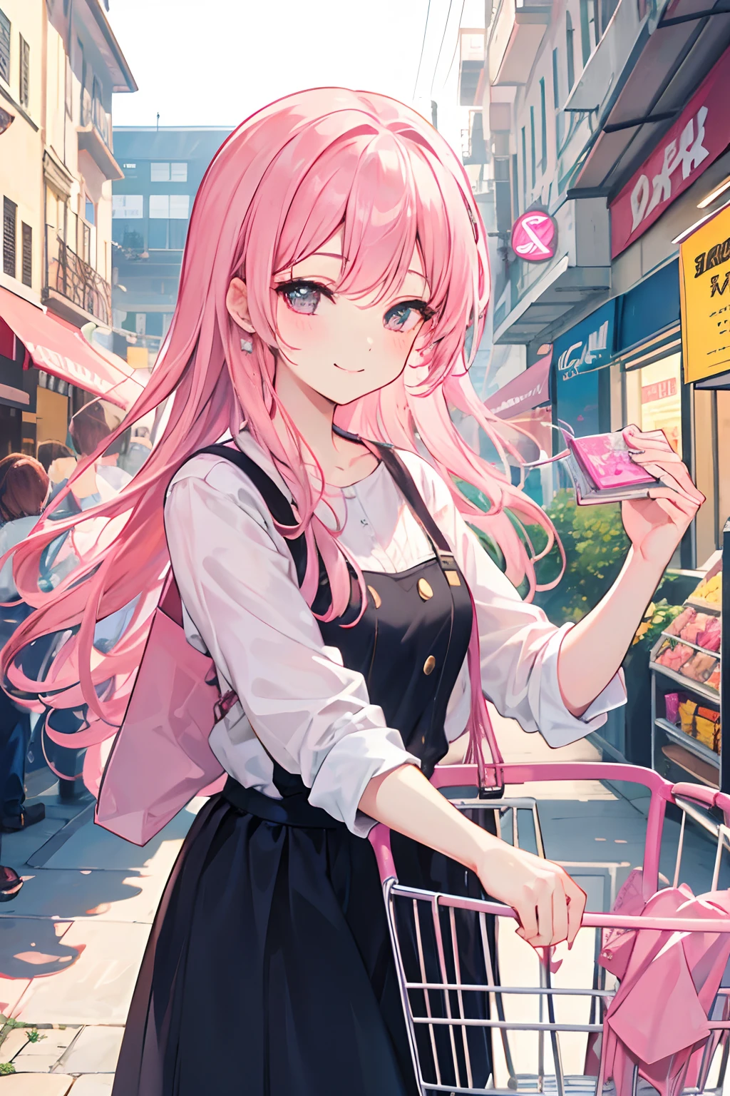 Best quality, high quality texture, delicate, realistic face, detailed skin, girly, sexy, mix-and-match, model, illustration, portrait, fully realistic, pink hair, makima, glasses, supermarket mall background, blurred background, depth of field effect, dressed appropriately, pink shopping bag, (holding multiple shopping bags)), full body shot