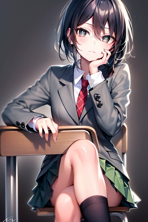 kyoka jiro, 1girl, solo, looking at viewer, short hair, bangs, skirt, simple background, shirt, black hair, long sleeves, sitting, closed mouth, school uniform, jacket, white shirt, pleated skirt, necktie, socks, collared shirt, signature, black eyes, kneehighs, arm support, chair, blazer, crossed legs, red necktie, black background, green skirt, black socks, hand on own face, outline, head rest, grey jacket, white outline, stool, elbow rest, u.a. school uniform, long earlobesearlobes