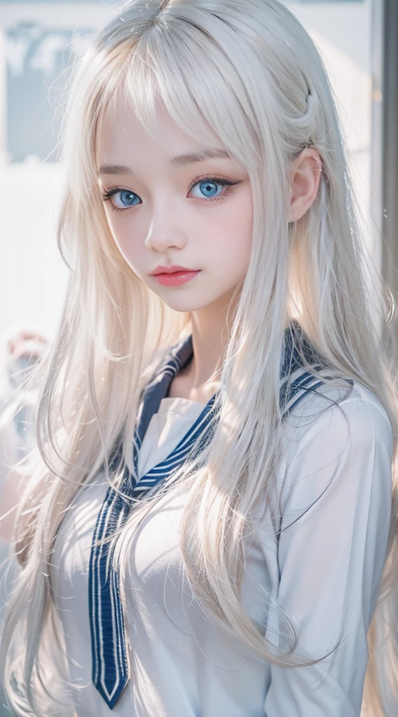 1 girl, Super long hair, Beautiful and cute 20 year old beautiful girl、Beautiful bangs、Very beautiful face、bright expression、Beautiful blue eyes, Bright and dazzling platinum blonde、Long straight hair、Eyebrows behind bangs、student clothes、School Uniforms、textured white skin, high details, Best Quality, 8K high resolution、glowy skin