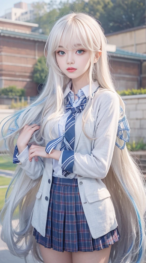 1 girl, Super long hair, Beautiful and cute 20 year old beautiful girl、Beautiful bangs、Very beautiful face、bright expression、Beautiful blue eyes, Bright and dazzling platinum blonde、Long straight hair、Eyebrows behind bangs、student clothes、School Uniforms、textured white skin, high details, Best Quality, 8K high resolution、glowy skin
