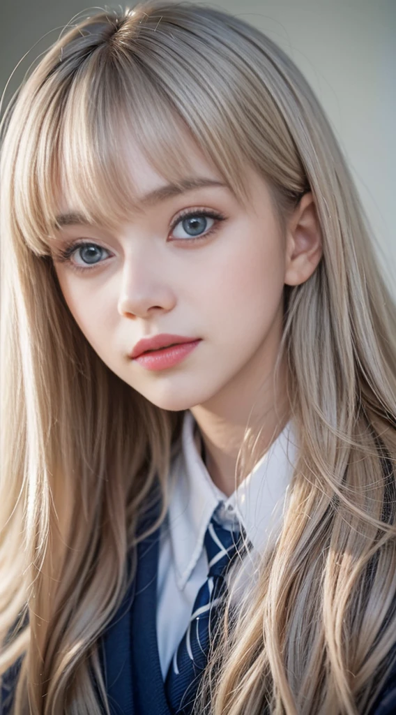 1 girl, Super long hair, Beautiful and cute 20-year-old beautiful girl、Beautiful bangs、Very beautiful face、bright expression、Beautiful blue eyes, Bright and dazzling platinum blonde、Long straight hair、Eyebrows behind bangs、student clothes、School Uniforms、textured white skin, high details, Best Quality, 8K High Resolution、glowy skin