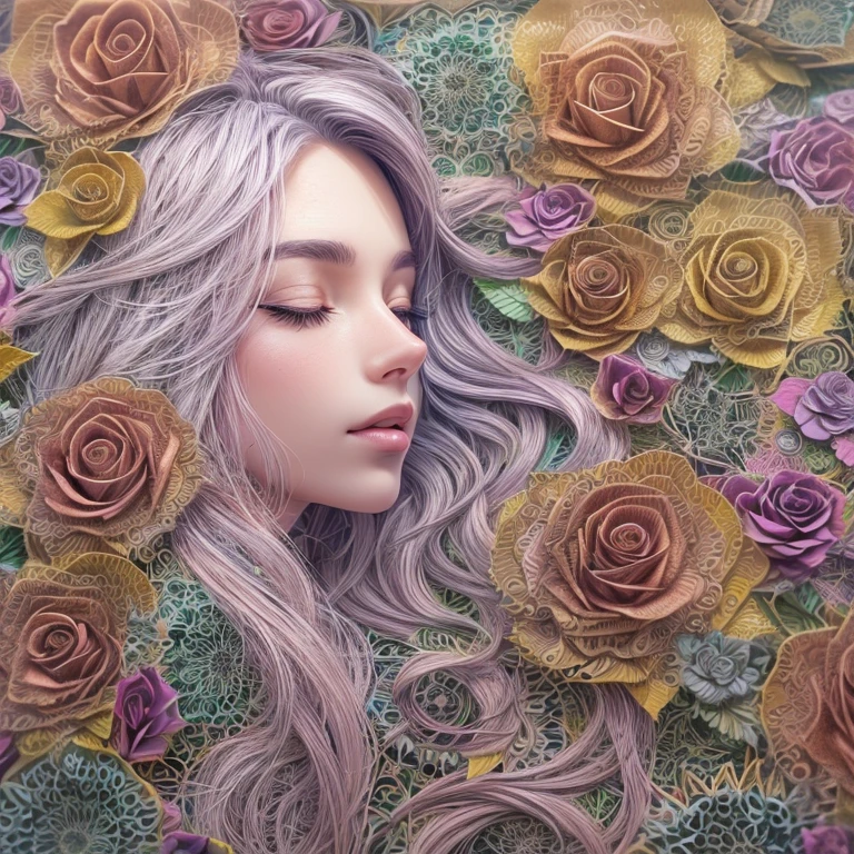(beauty side face,long colored hair,Close eyes,Masterpiece roses),Iridescent background, (Illustration,paper art, Zentangle, 3d rendered),(Best Quality, Detailed details, masutepiece, offcial art, Movie Light Effects, 4K, Chiaroscuro)